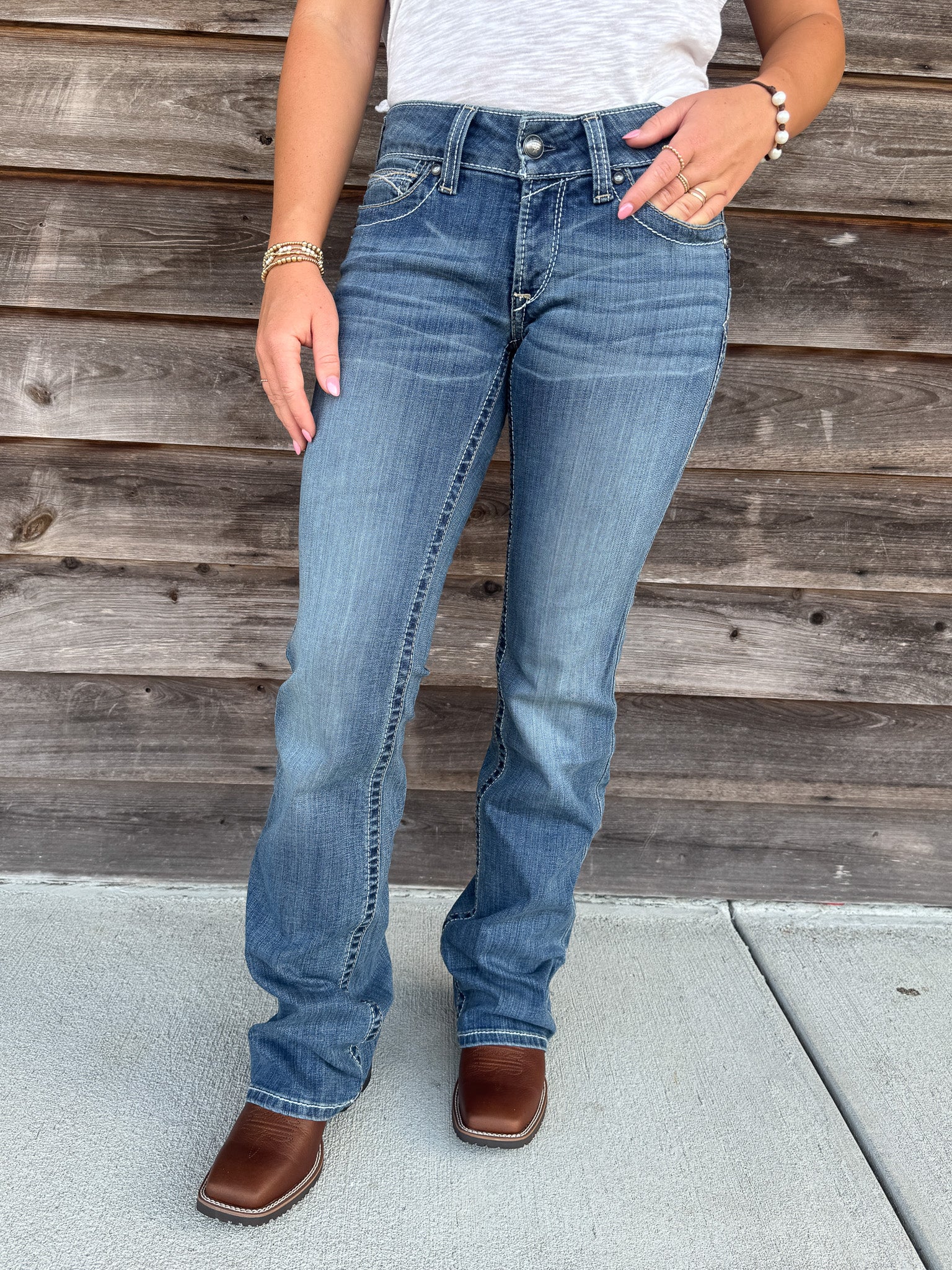 Women's Ariat R.E.A.L. Mid Rise Stretch Whipstitch Boot Cut Jean in Rainstorm