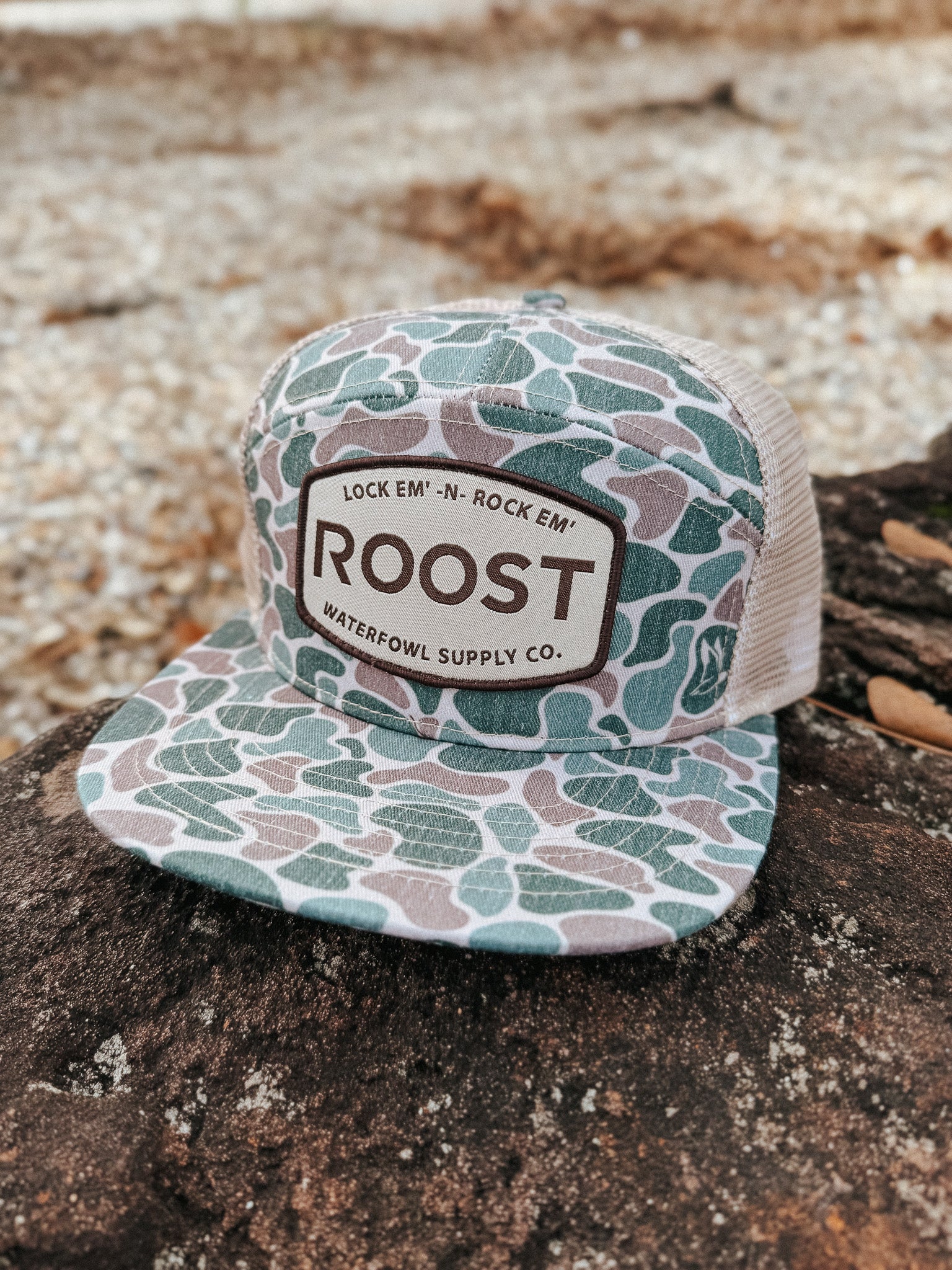 Roost Camo 7 Panel Woven Logo Patch Cap
