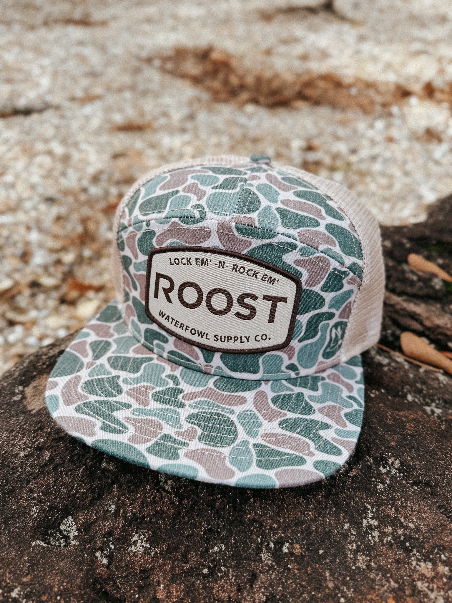 Roost Camo 7 Panel Woven Logo Patch Cap
