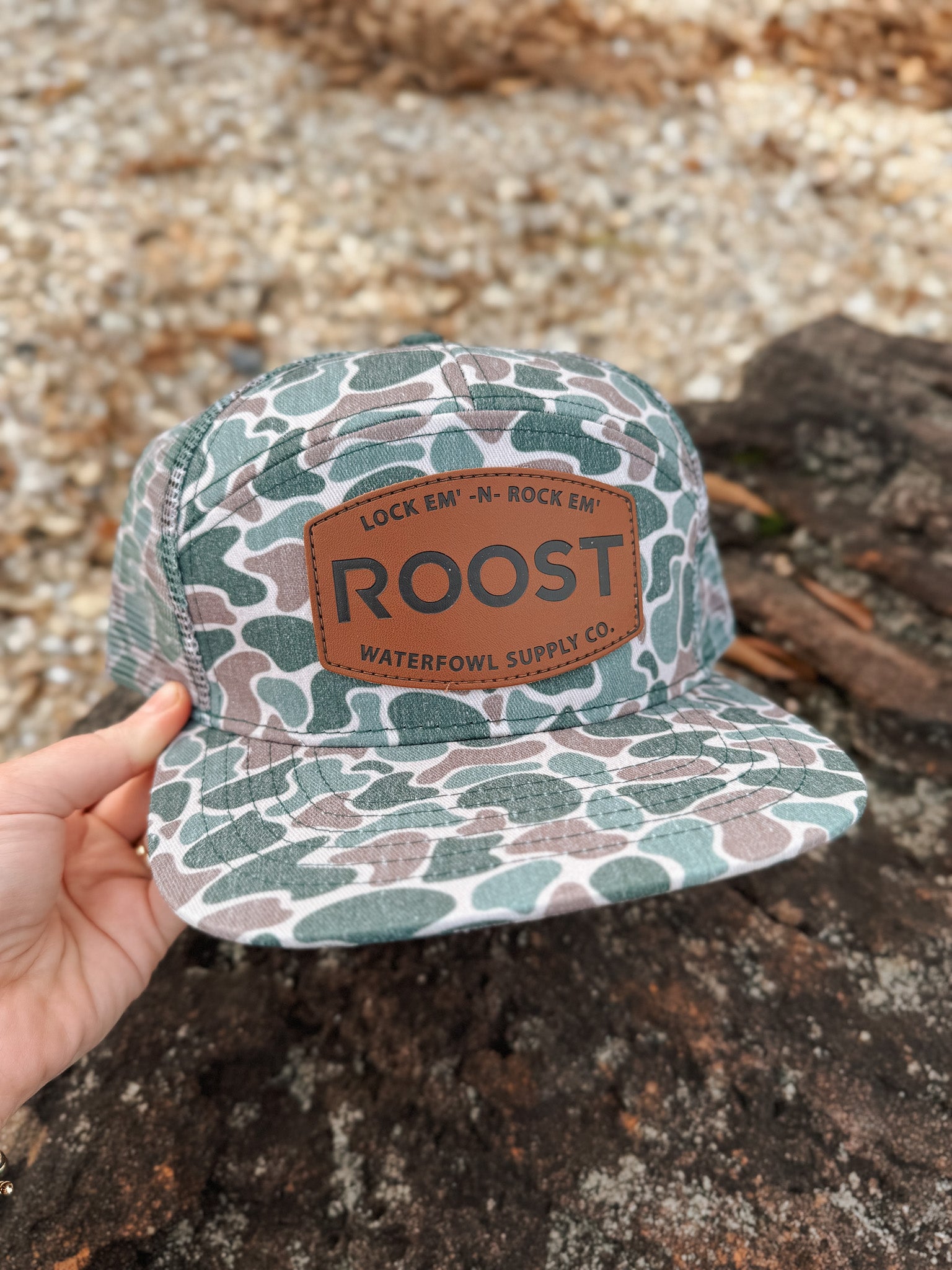 Roost 7 Panel Leather Camo Mesh Cap