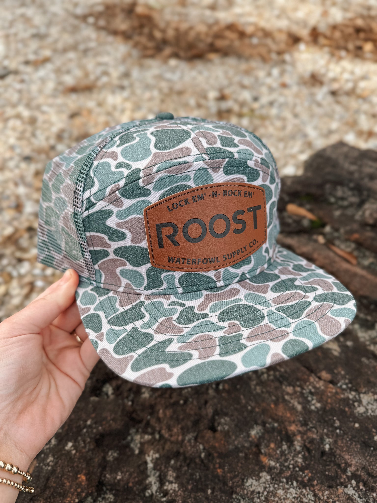 Roost 7 Panel Leather Camo Mesh Cap