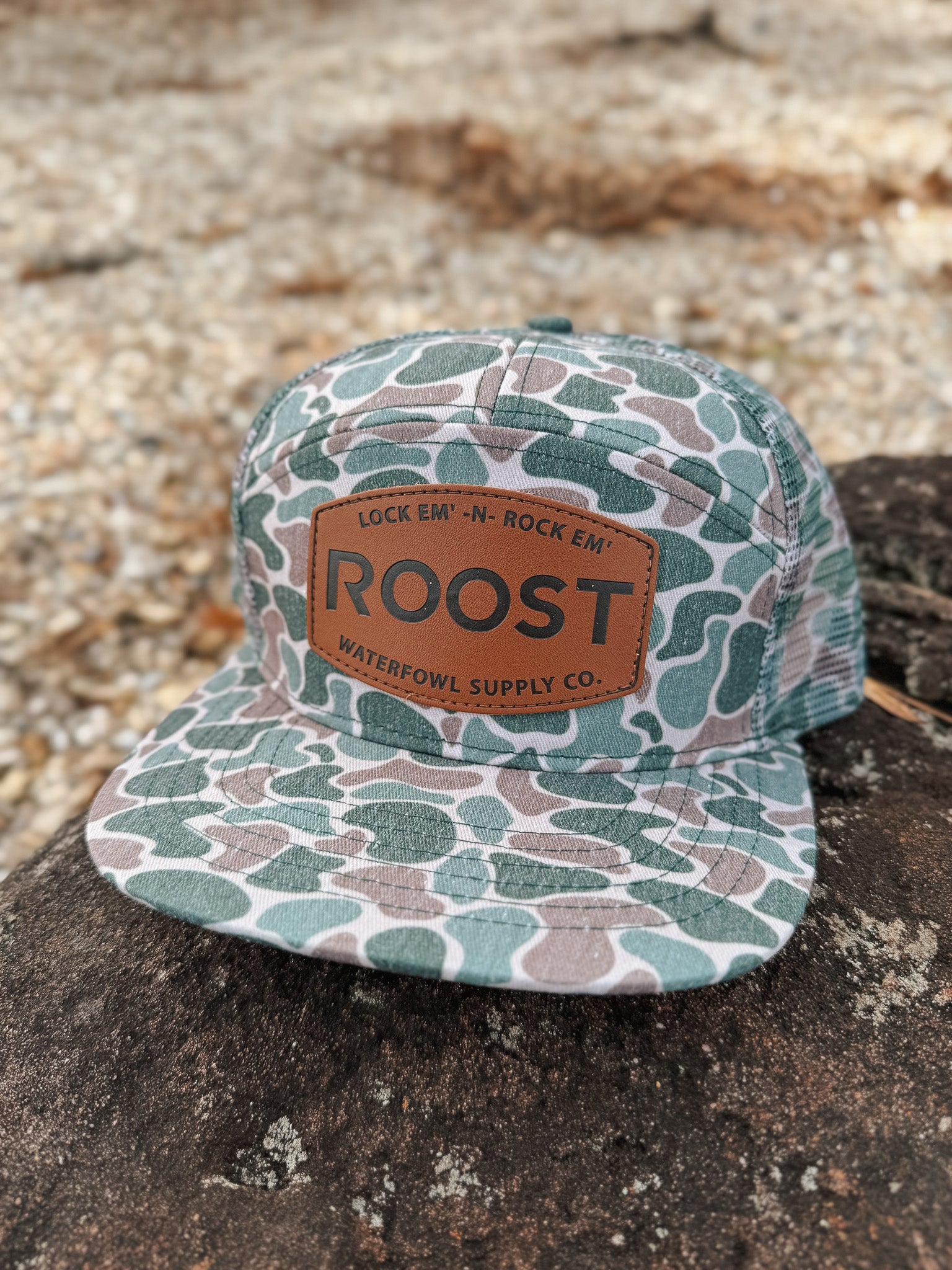 Roost 7 Panel Leather Camo Mesh Cap