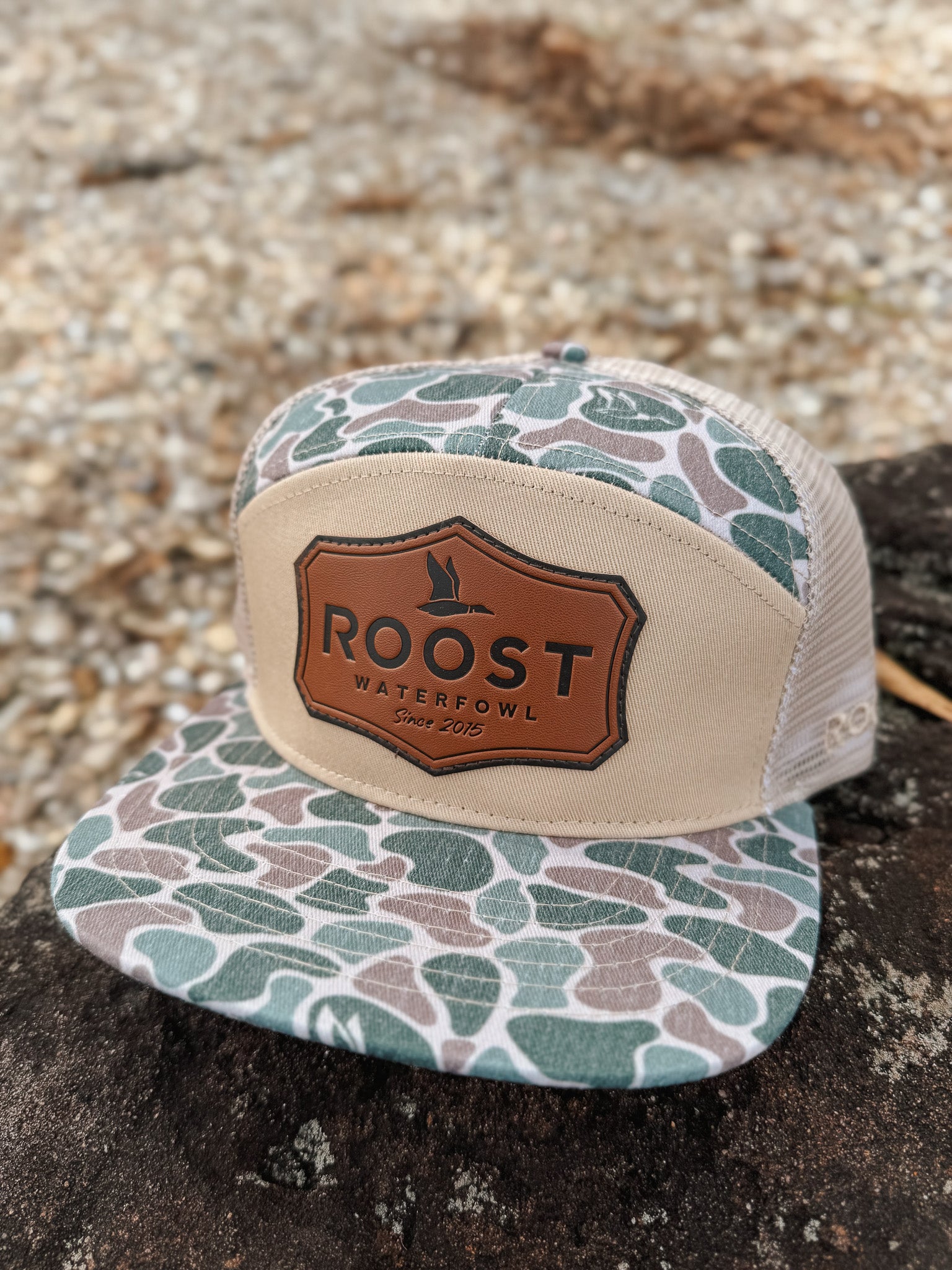 Roost Camo 7 Panel Shield Leather Patch Cap