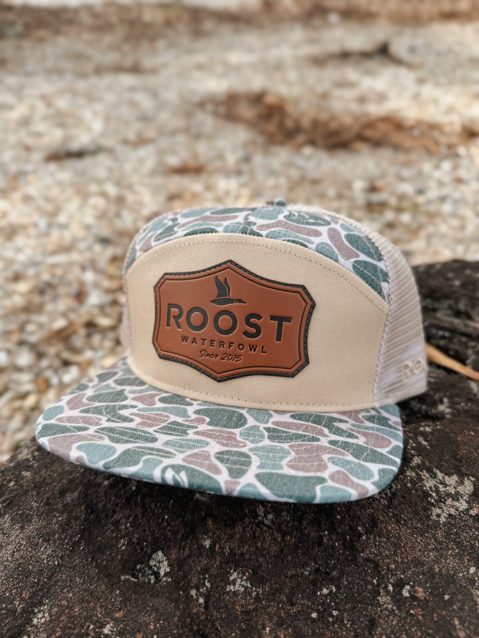 Roost Camo 7 Panel Shield Leather Patch Cap