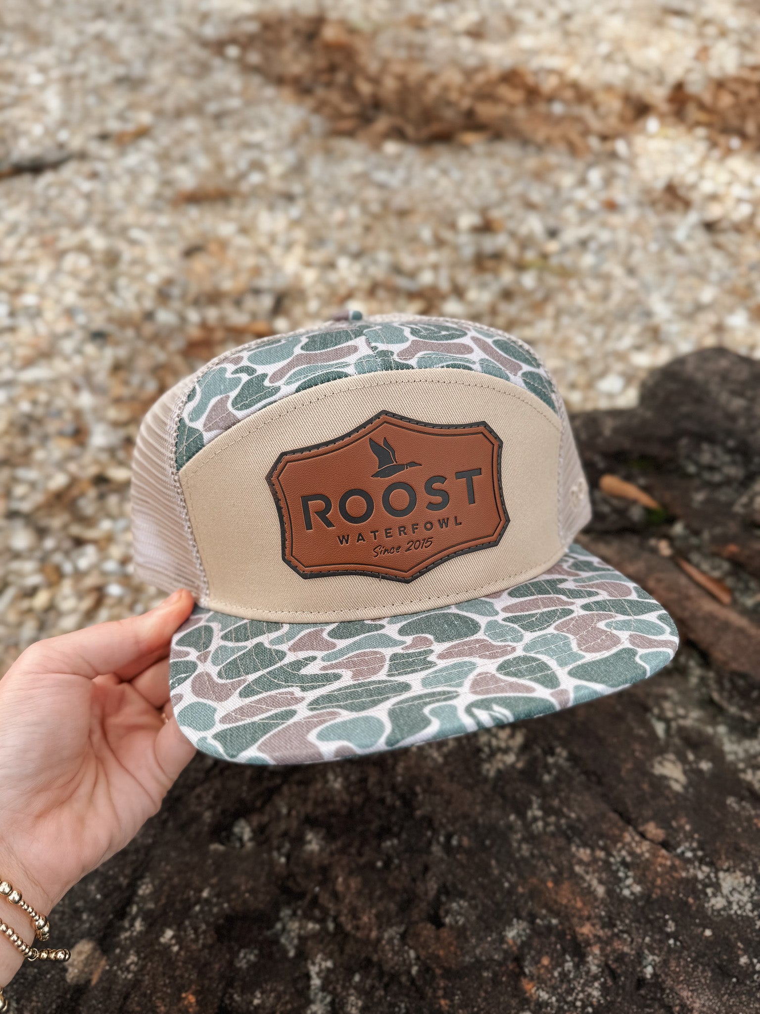 Roost Camo 7 Panel Shield Leather Patch Cap