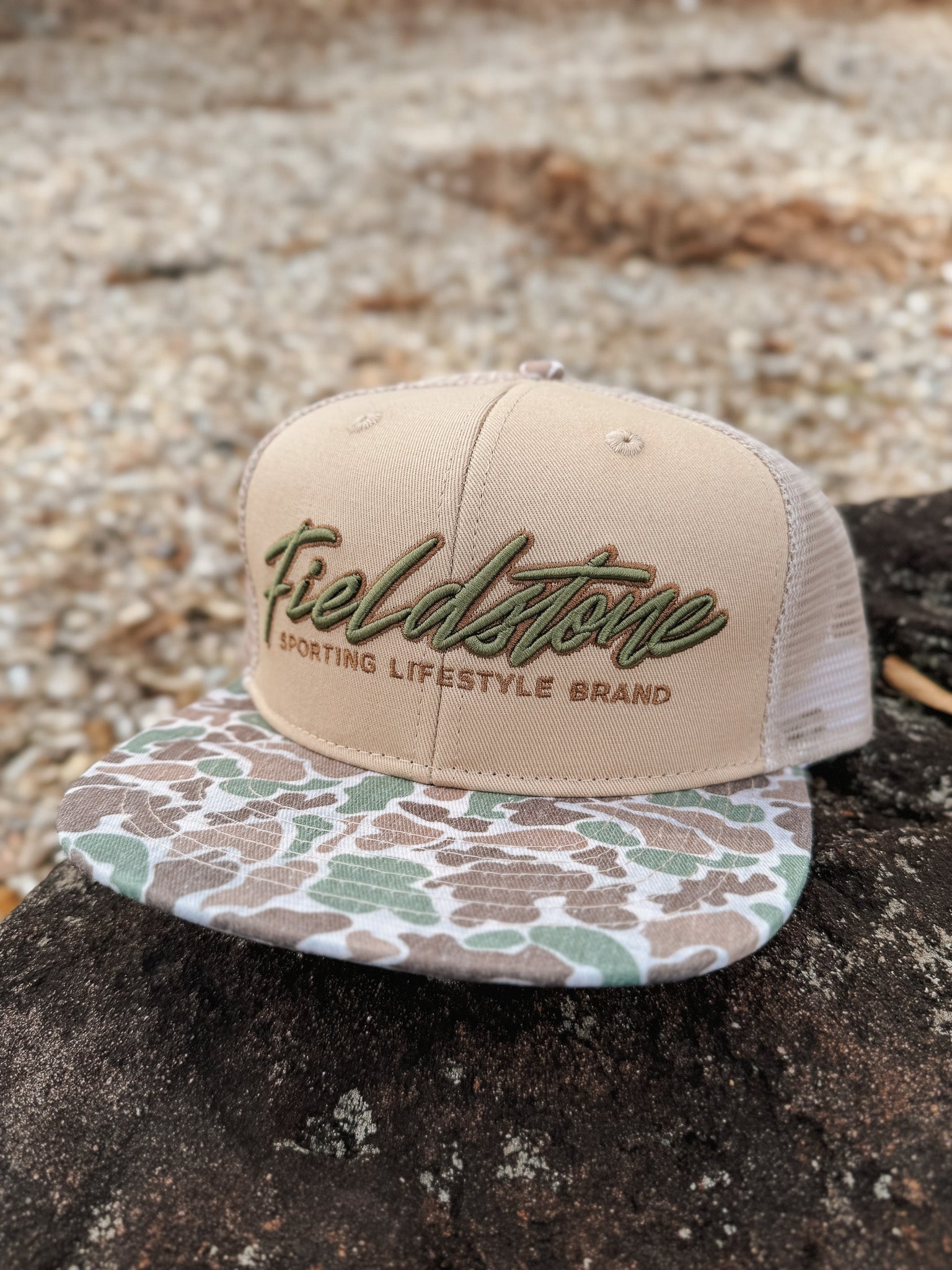 Fieldstone 6 Panel Script Logo Camo Bill Cap