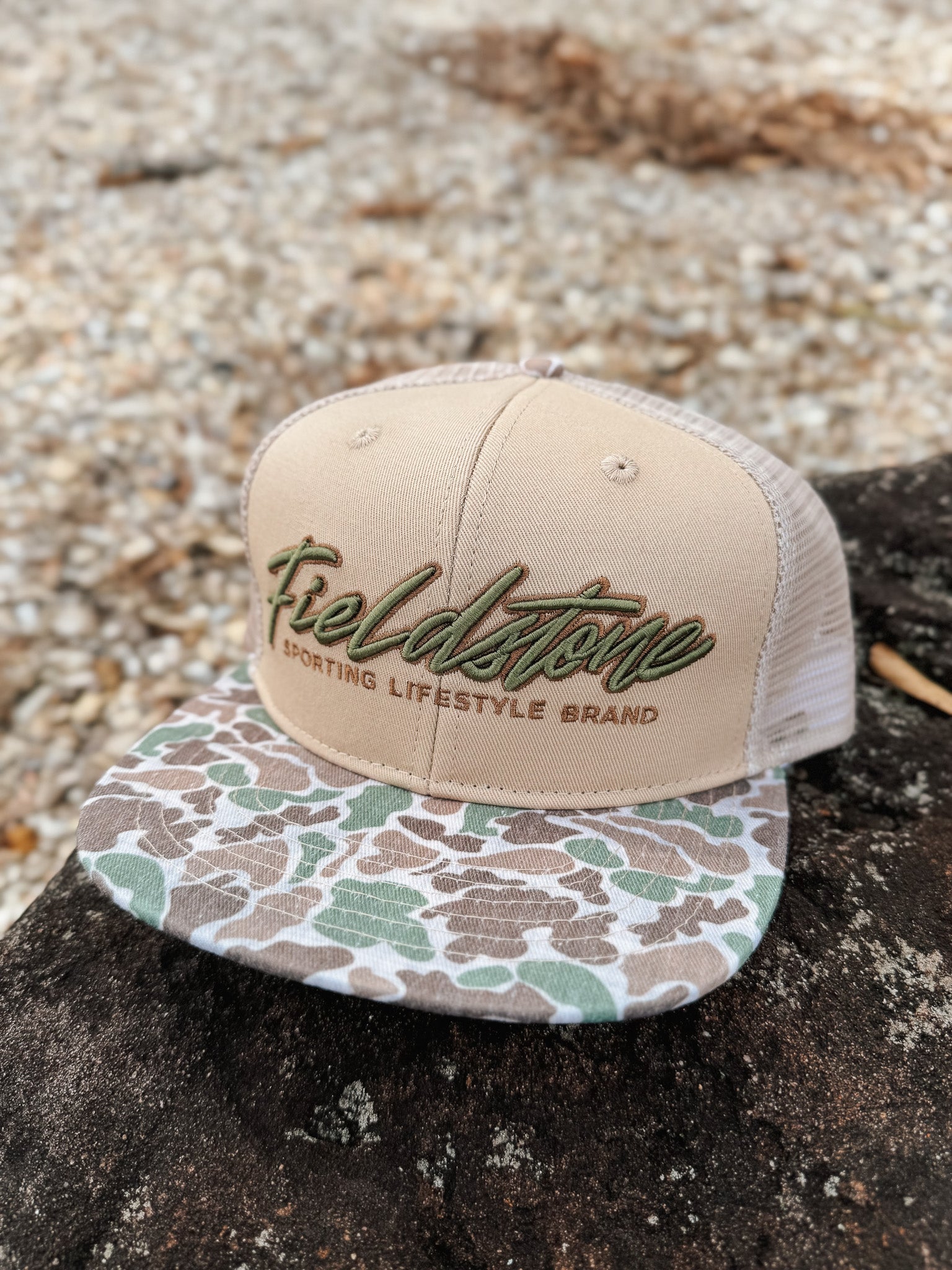 Fieldstone 6 Panel Script Logo Camo Bill Cap