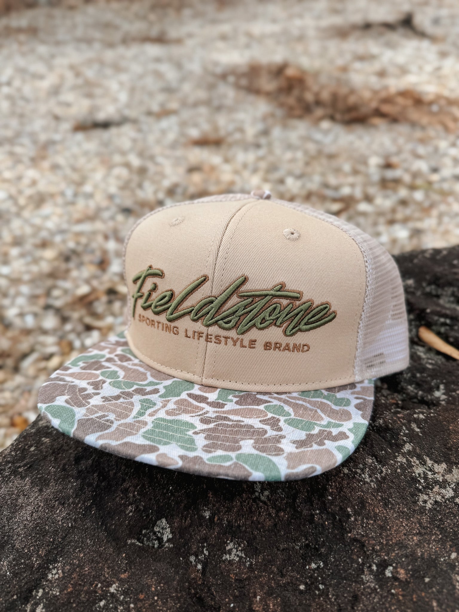 Fieldstone 6 Panel Script Logo Camo Bill Cap