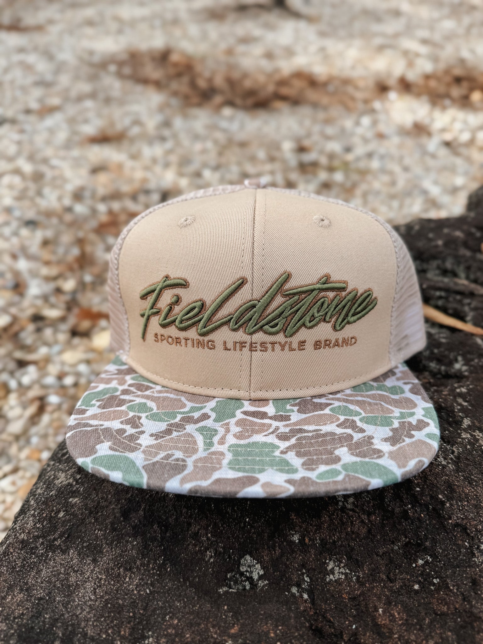 Fieldstone 6 Panel Script Logo Camo Bill Cap
