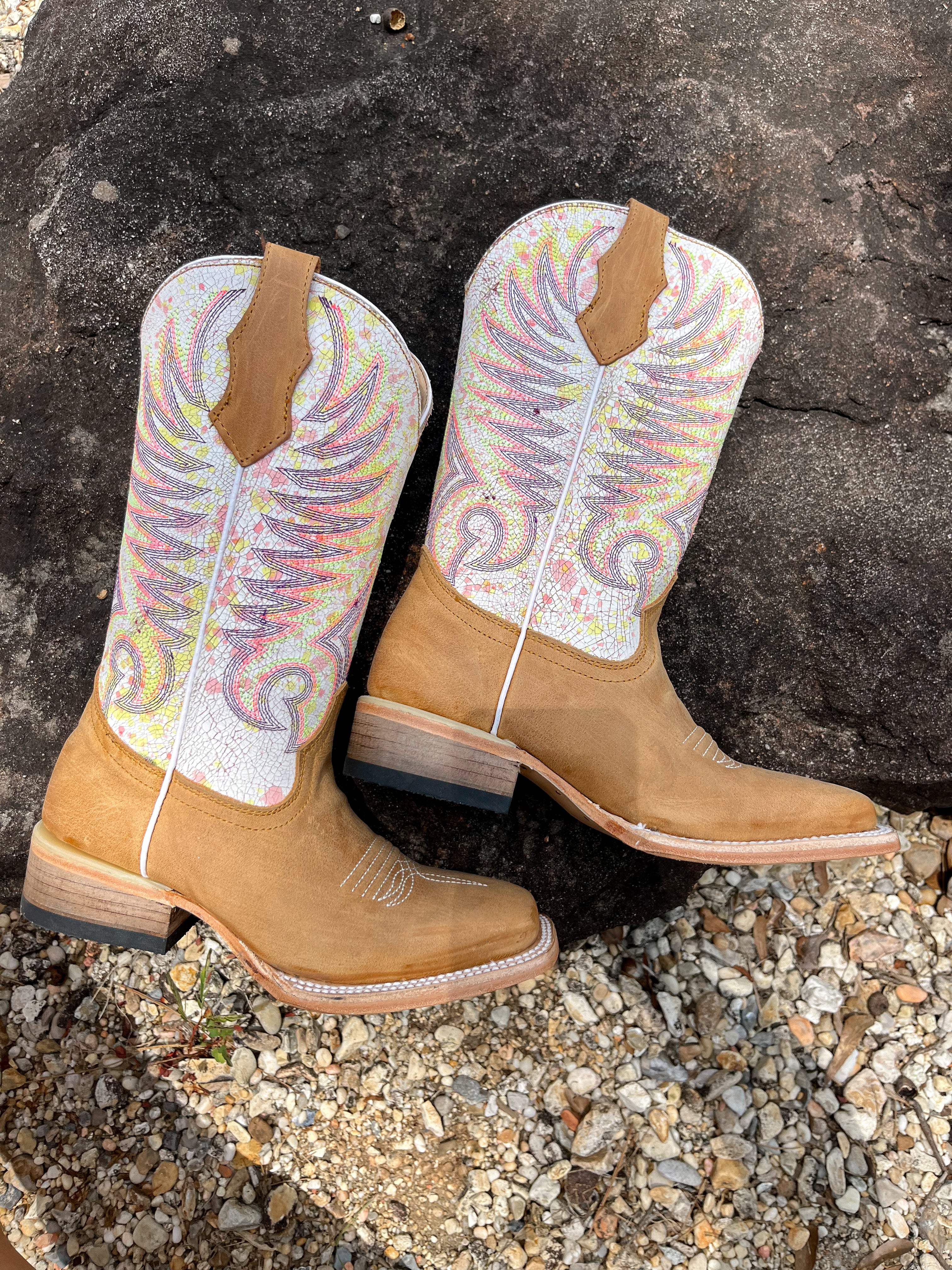 Youth Circle G Tan White Embroidery Square Toe Boots