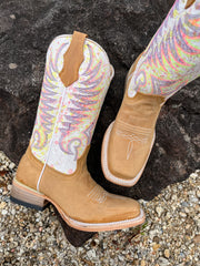 Youth Circle G Tan White Embroidery Square Toe Boots