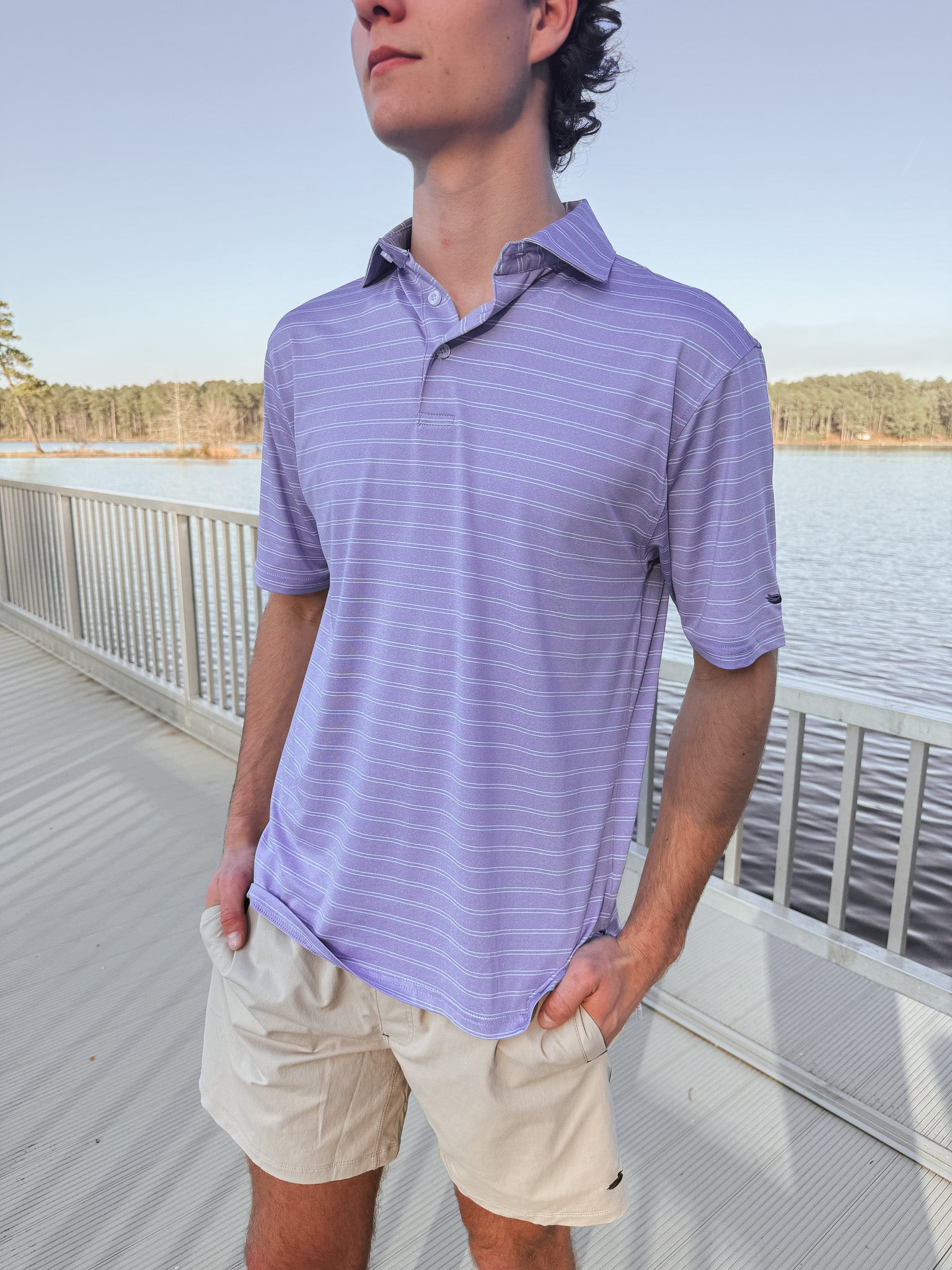 Men's Southern Marsh Newcastle Stripe Featherlight Polo in Purple