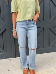 The Billie High Rise Distressed Slim Wide Leg Jeans