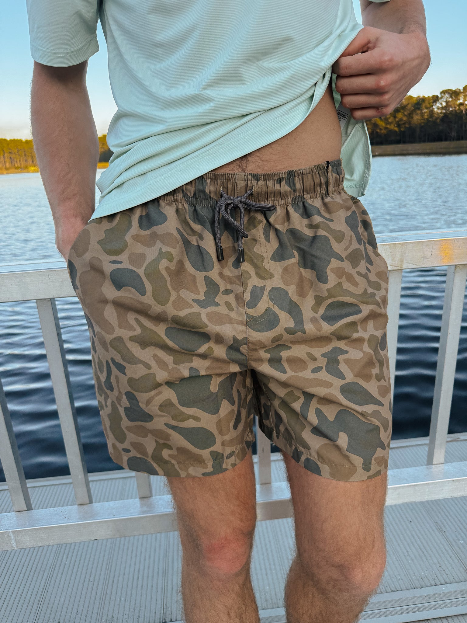 Men's Southern Marsh La Costa Lined Swim Trunk in Stone Brown Camo