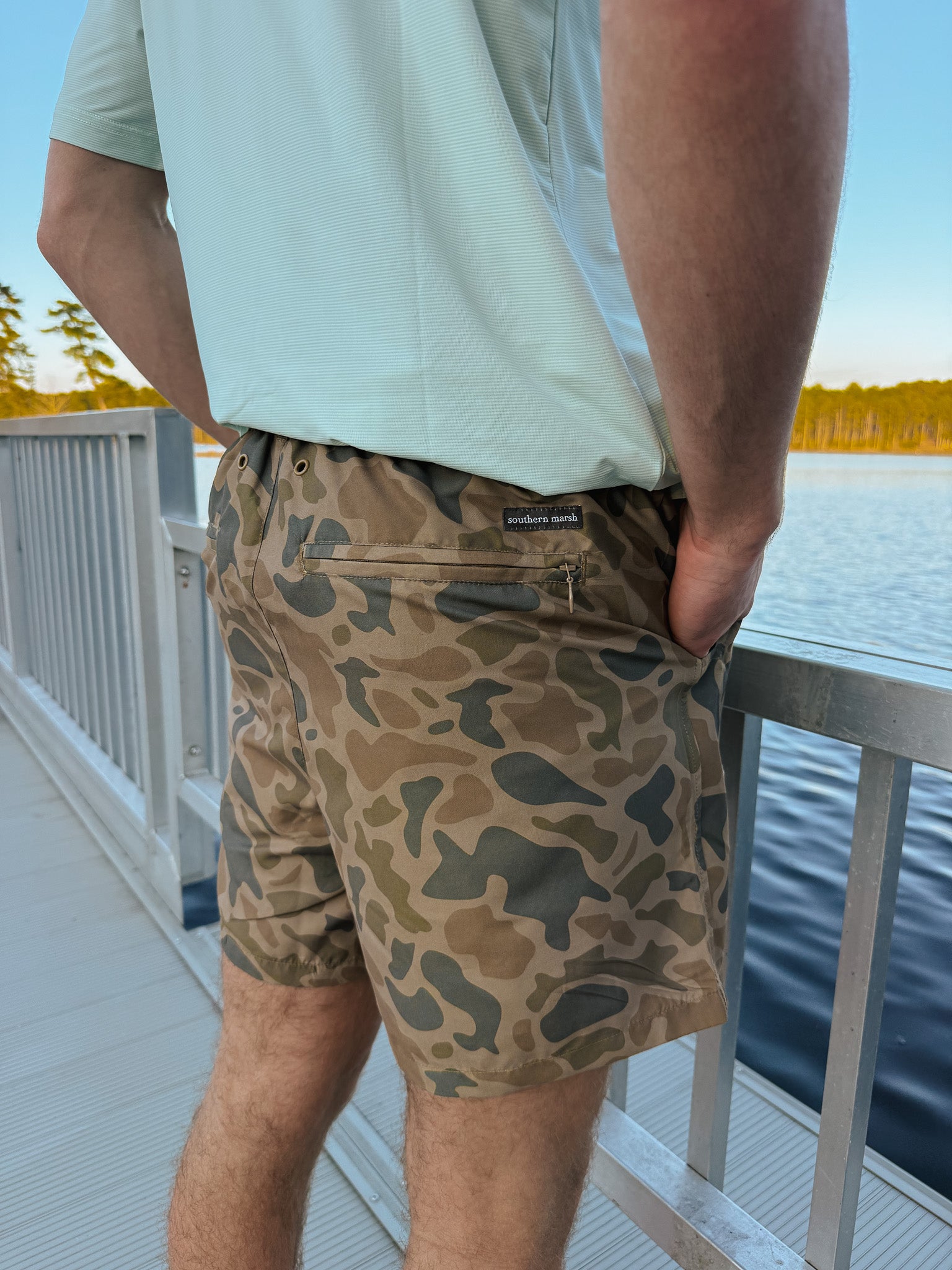 Men's Southern Marsh La Costa Lined Swim Trunk in Stone Brown Camo