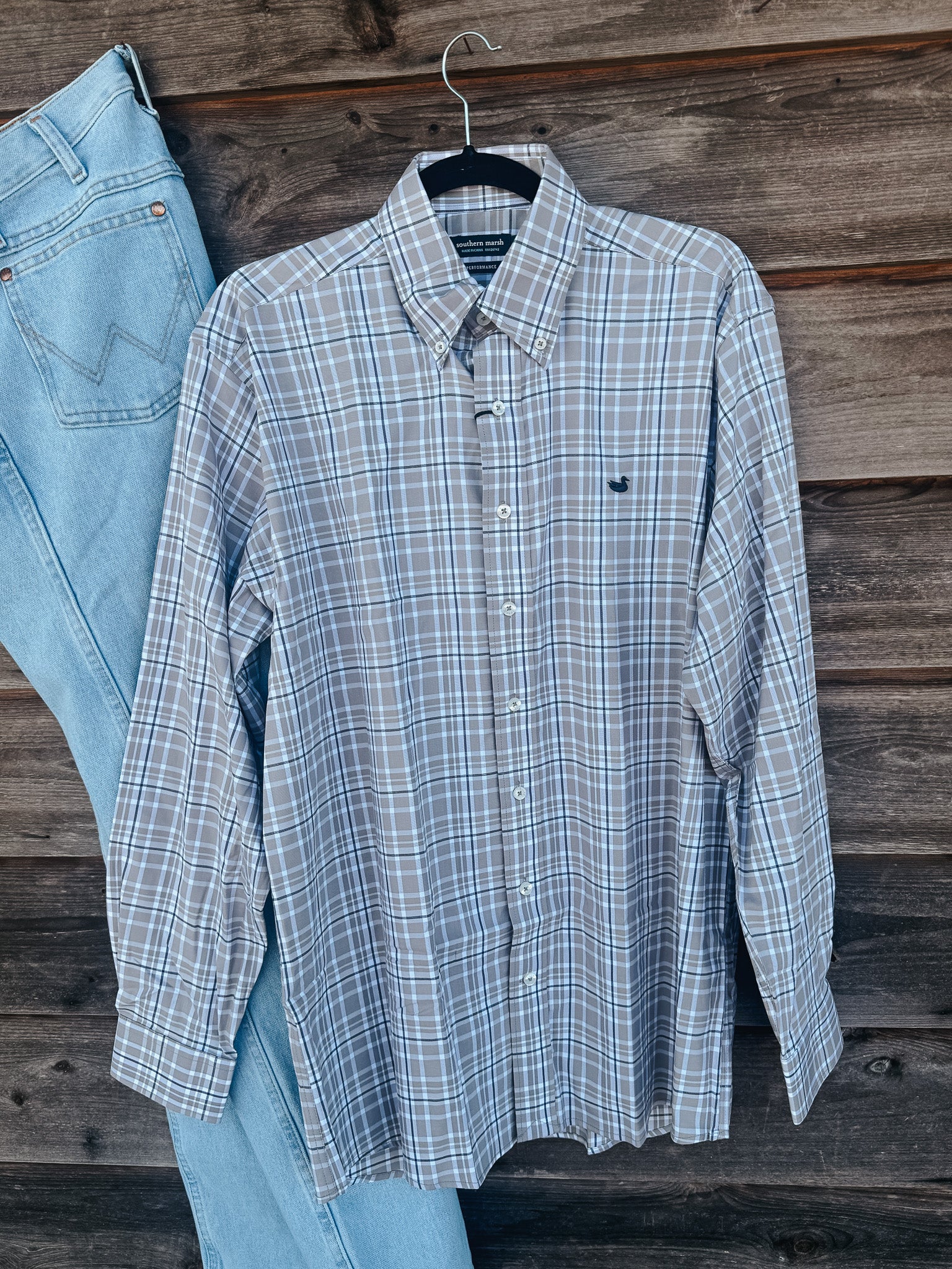 Men's Southern Marsh Grainger Performance Plaid Dress Shirt in Burnt Taupe Navy