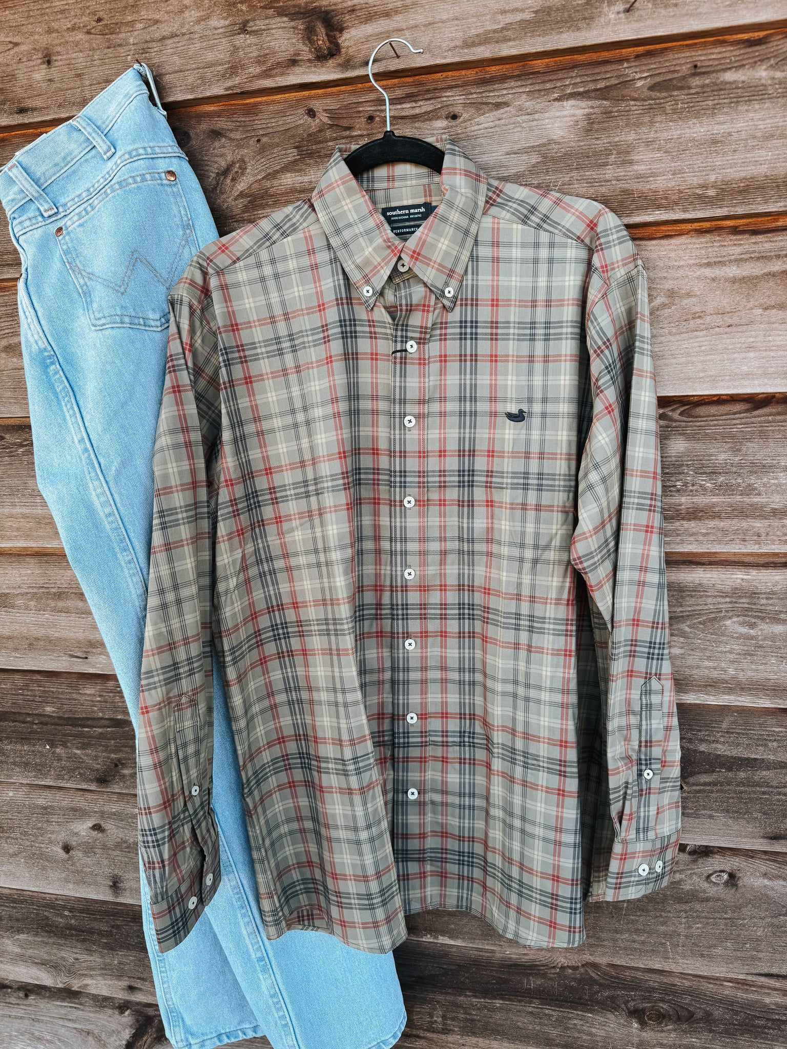 Men's Southern Marsh Barnstable Lines Performance Dress Shirt in Sage Navy