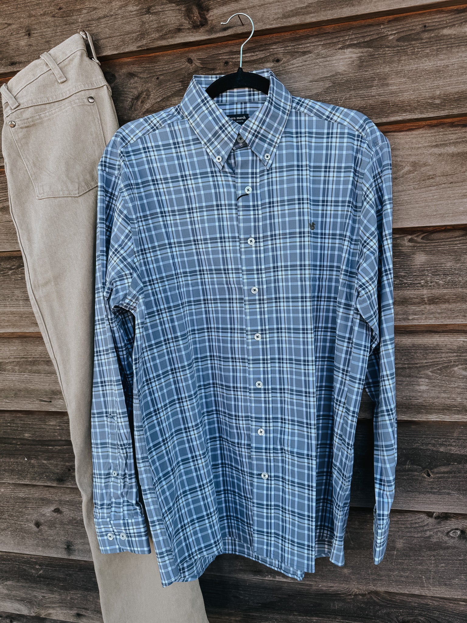 Men's Southern Marsh Grainger Performance Plaid Dress Shirt in Slate Dark Olive