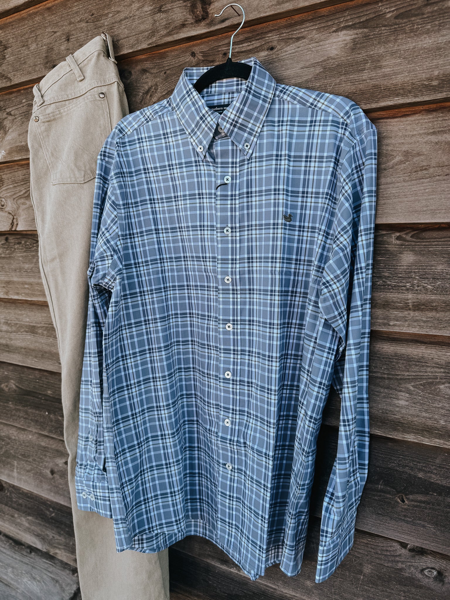 Men's Southern Marsh Grainger Performance Plaid Dress Shirt in Slate Dark Olive