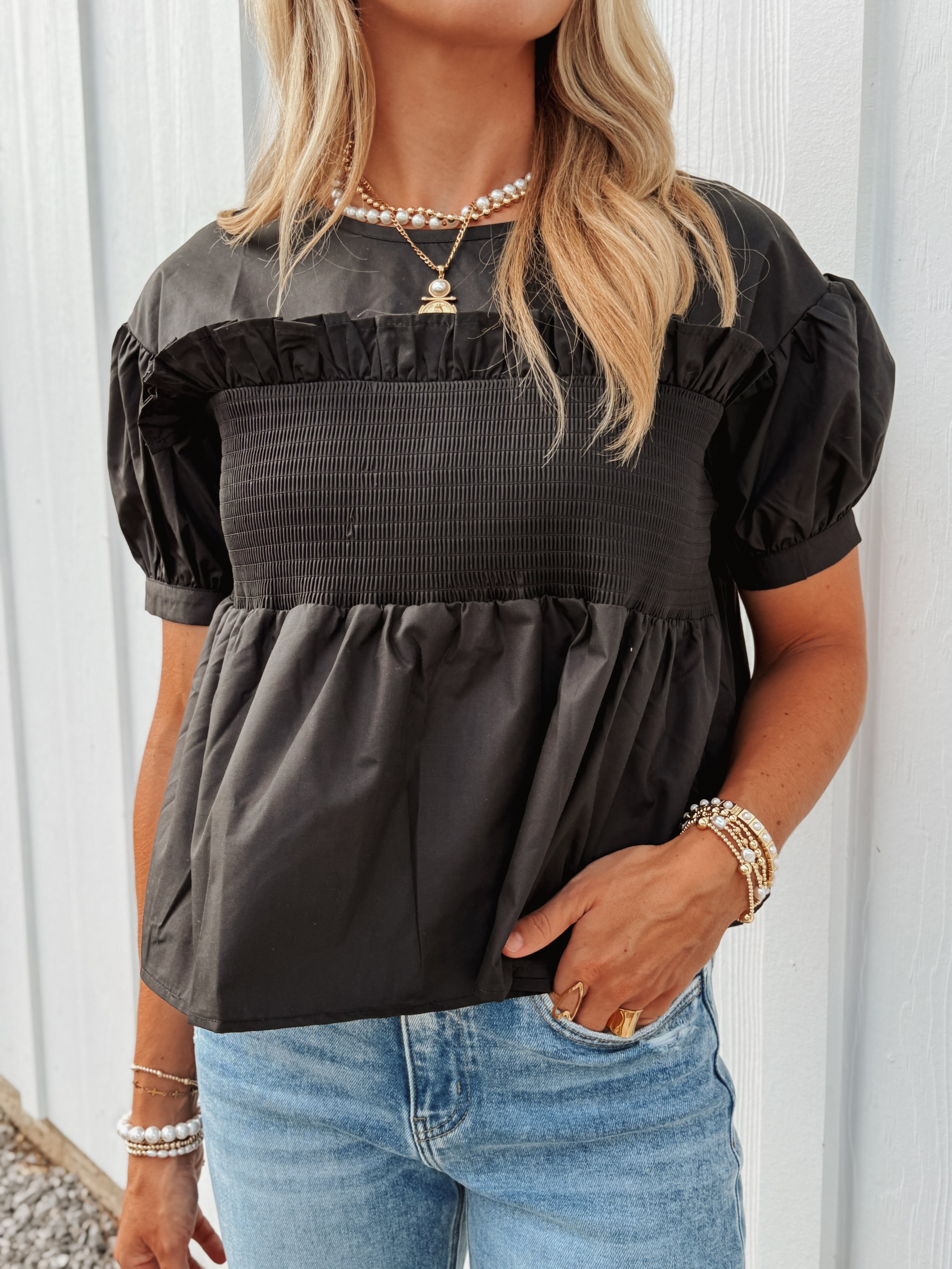 Date Night Black Smocked Top