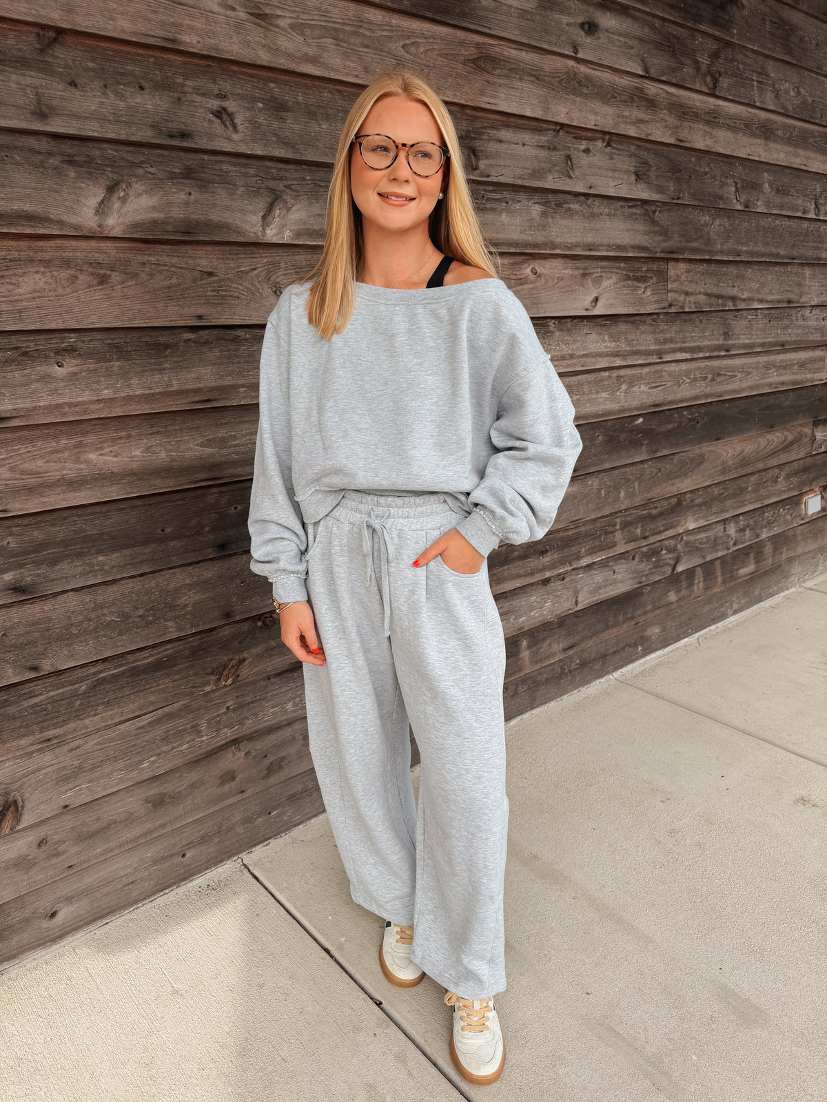 On the Go Off the Shoulder Sweatshirt in Gray