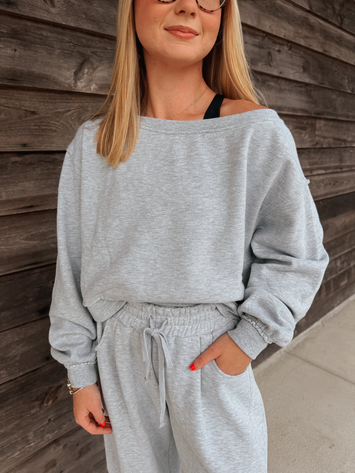 On the Go Off the Shoulder Sweatshirt in Gray