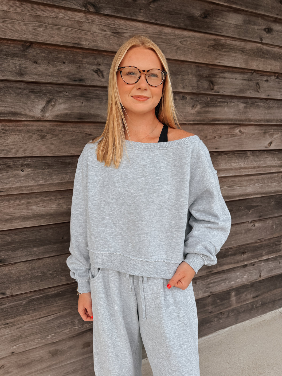 On the Go Off the Shoulder Sweatshirt in Gray