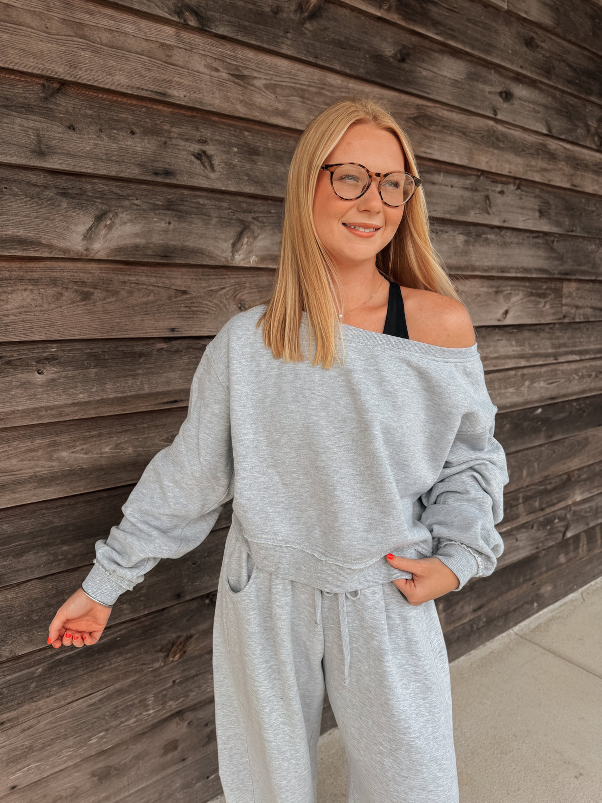 On the Go Off the Shoulder Sweatshirt in Gray
