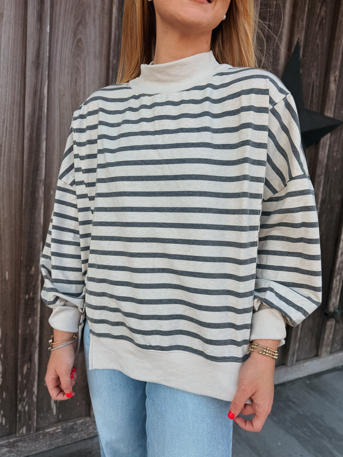 Simply Striped Mockneck in Grey/Ecru