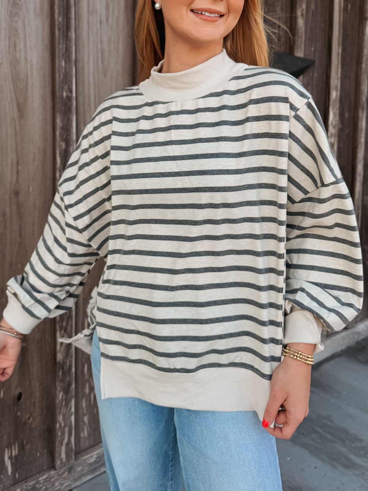 Simply Striped Mockneck in Grey/Ecru