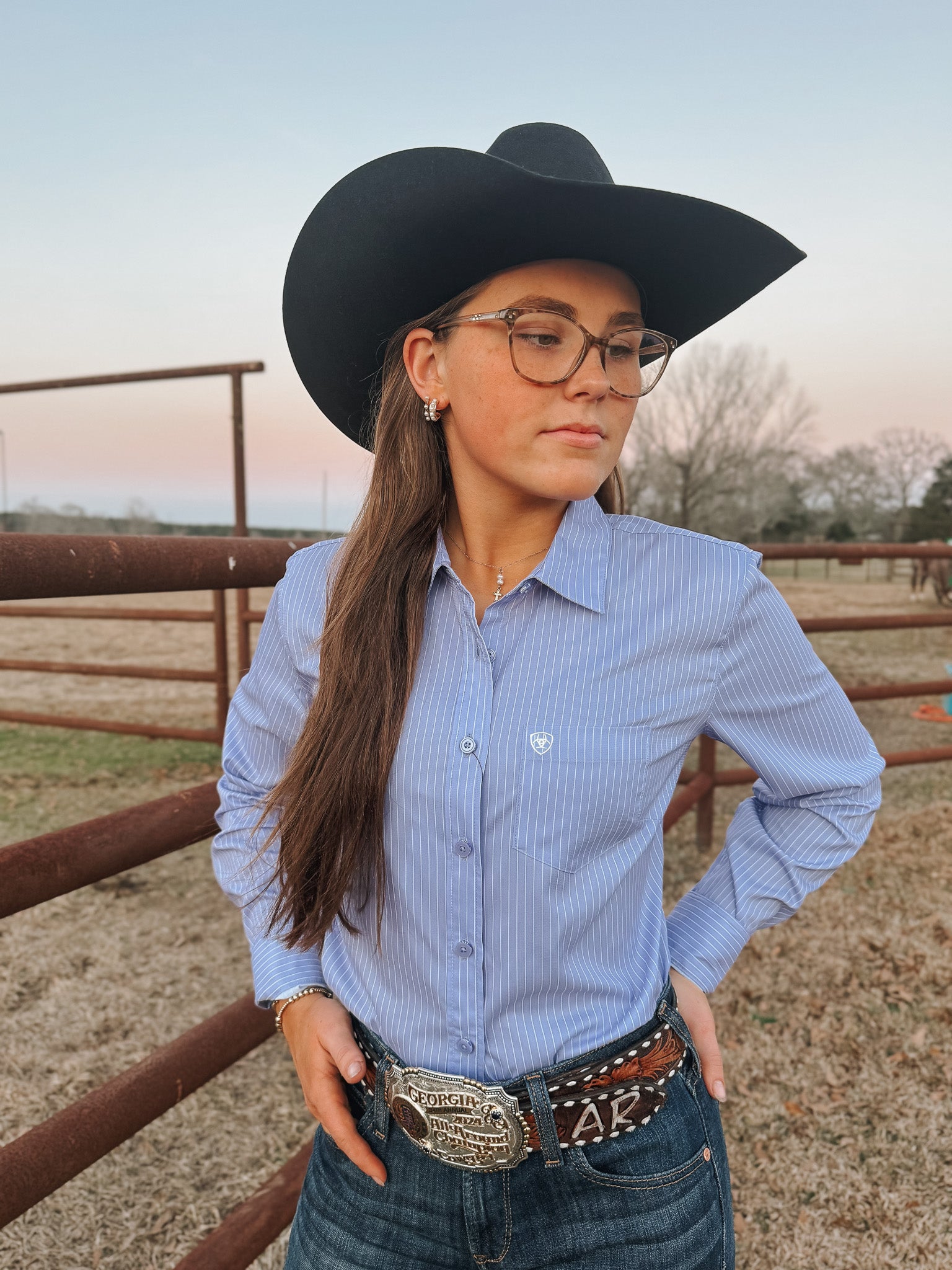 Women's Ariat Kirby Pro Shirt in Sweet Lavender Stripe