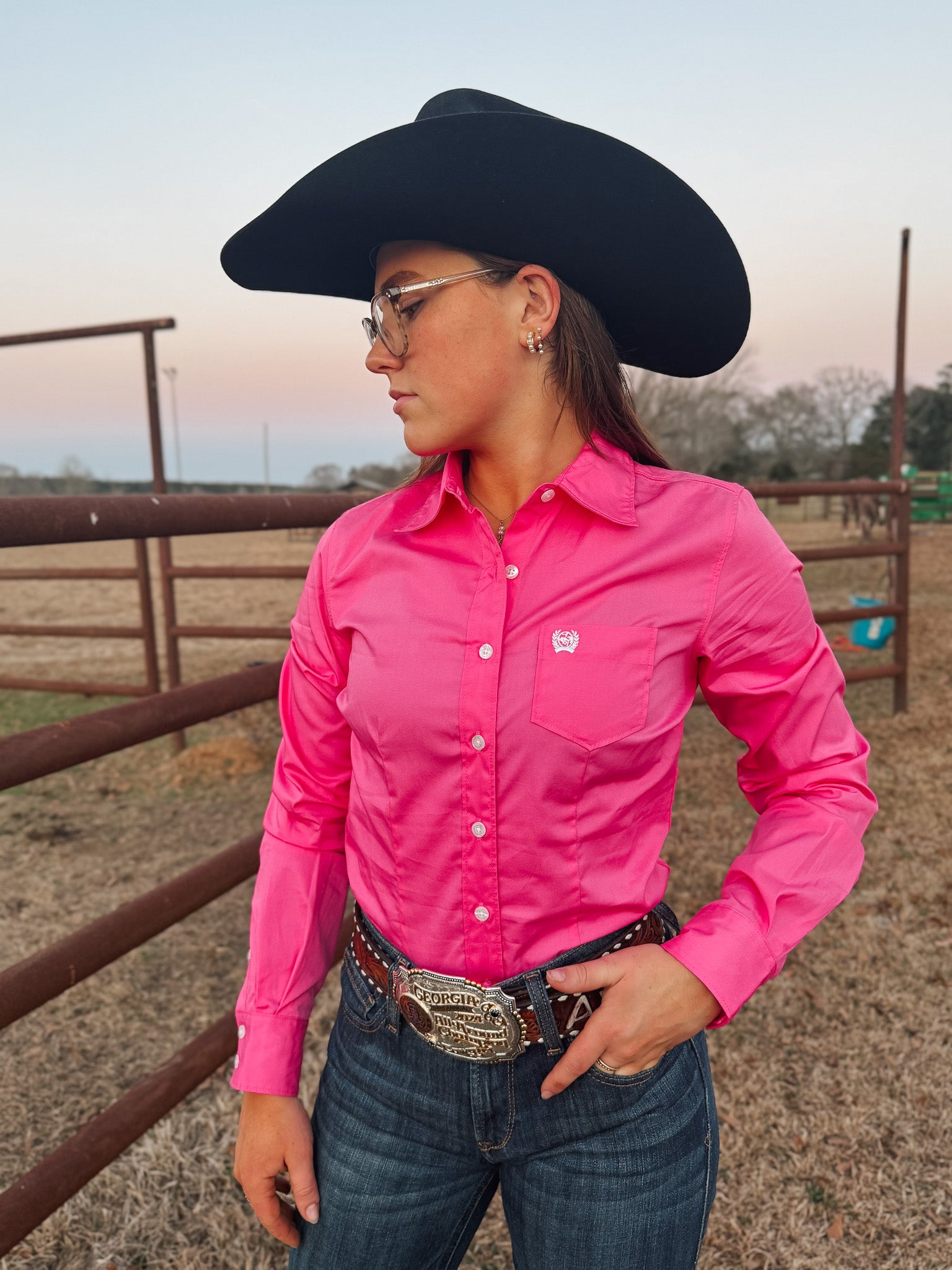 Cinch Women's Long Sleeve Button Down in Solid Pink