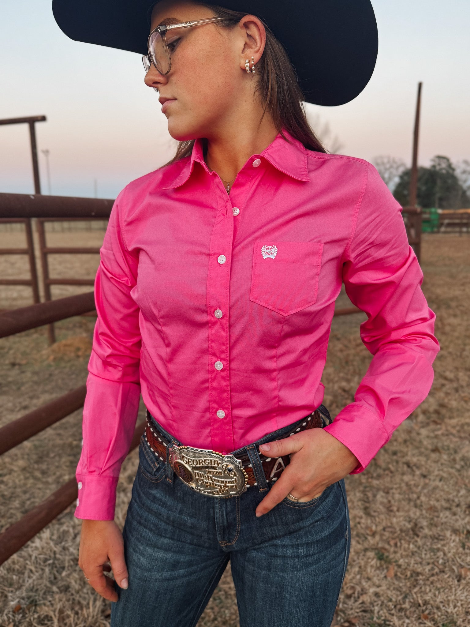 Cinch Women's Long Sleeve Button Down in Solid Pink