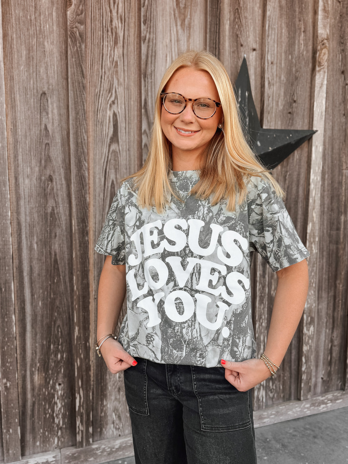 Jesus Loves You Camo Tee in Grey