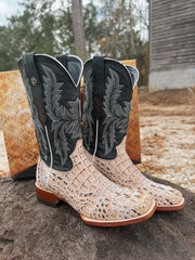 Tanner Mark Men's Caiman Hornback Print Square Toe Boots in Natural