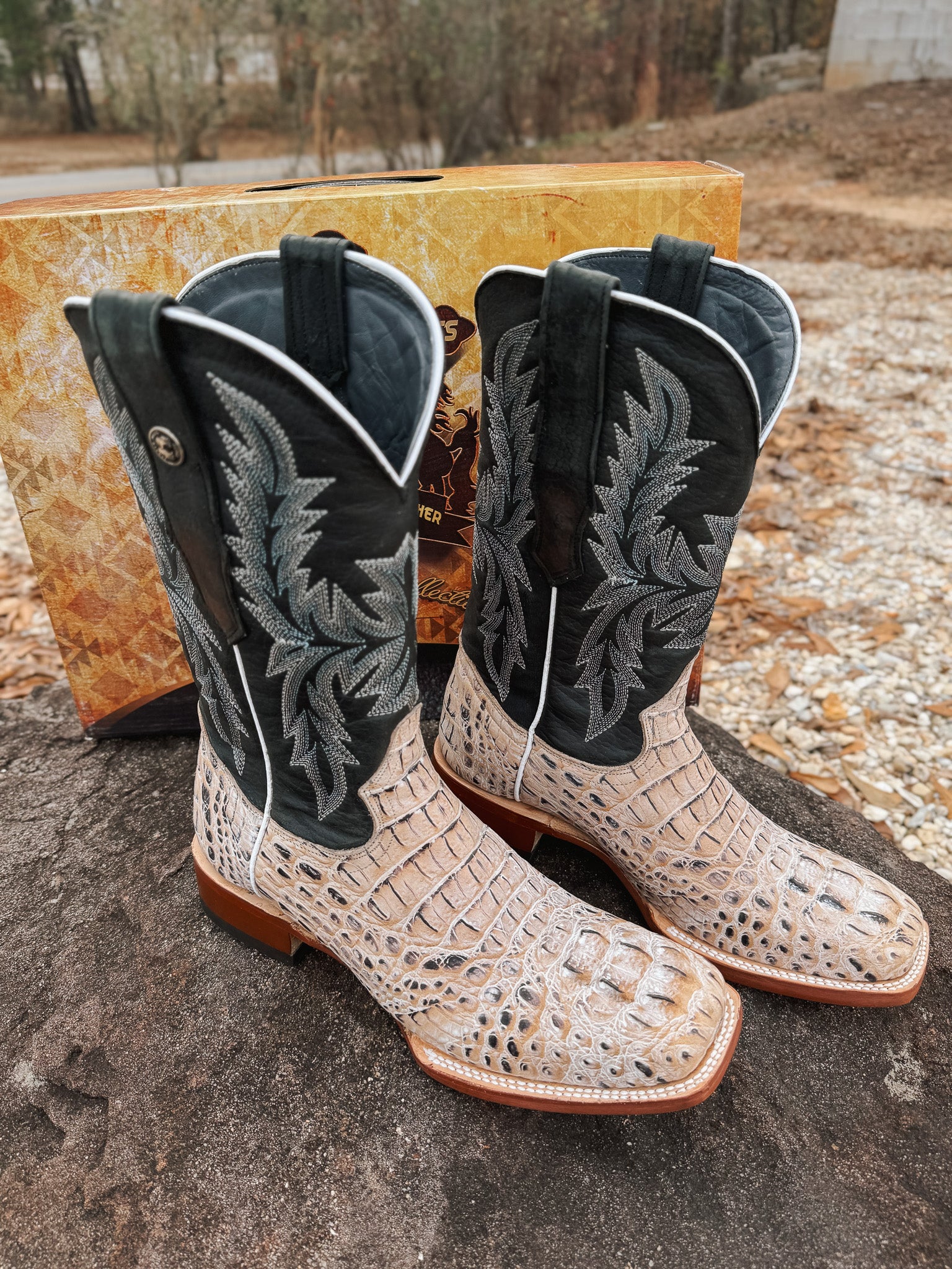 Tanner Mark Men's Caiman Hornback Print Square Toe Boots in Natural