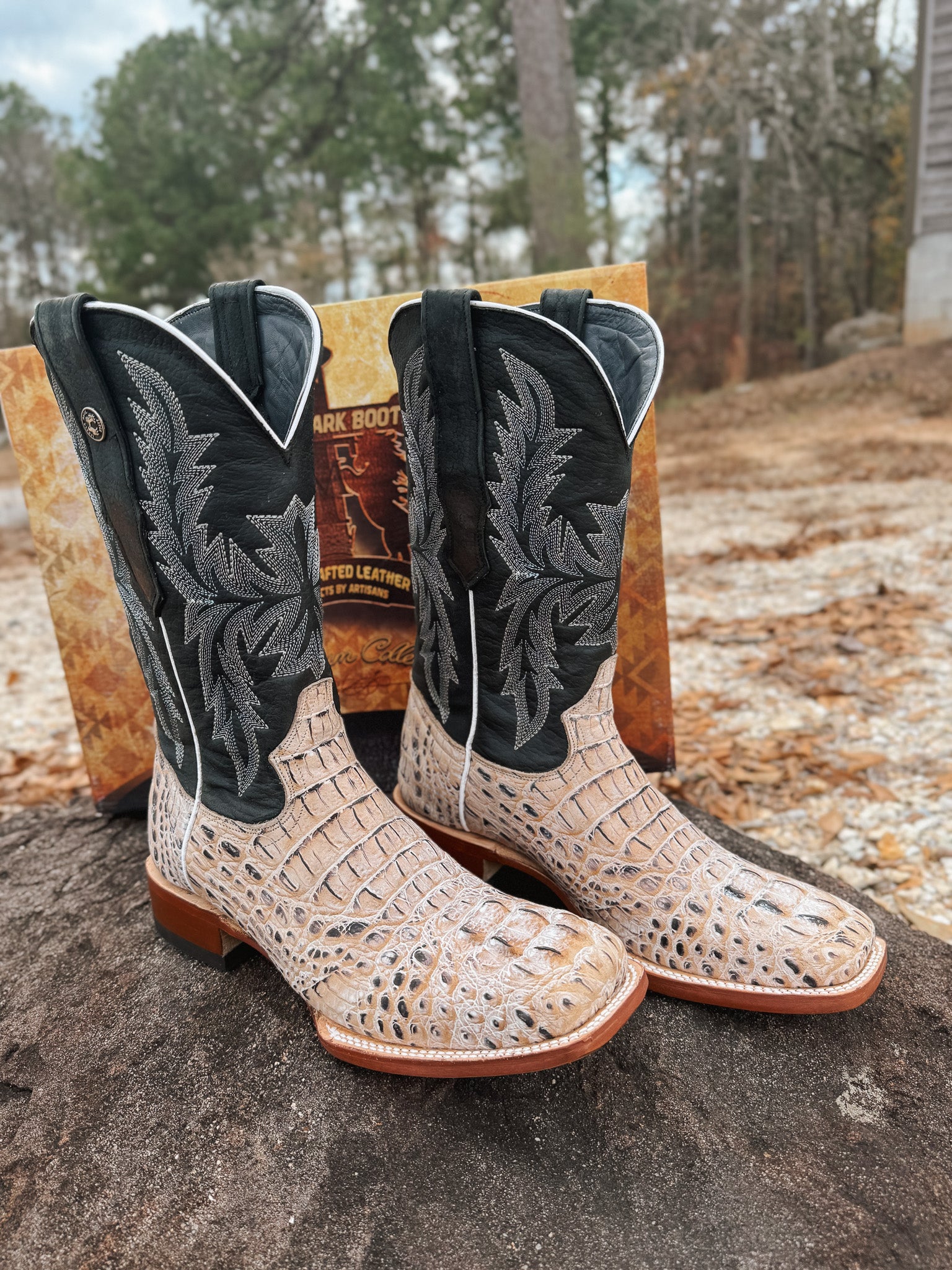 Tanner Mark Men's Caiman Hornback Print Square Toe Boots in Natural