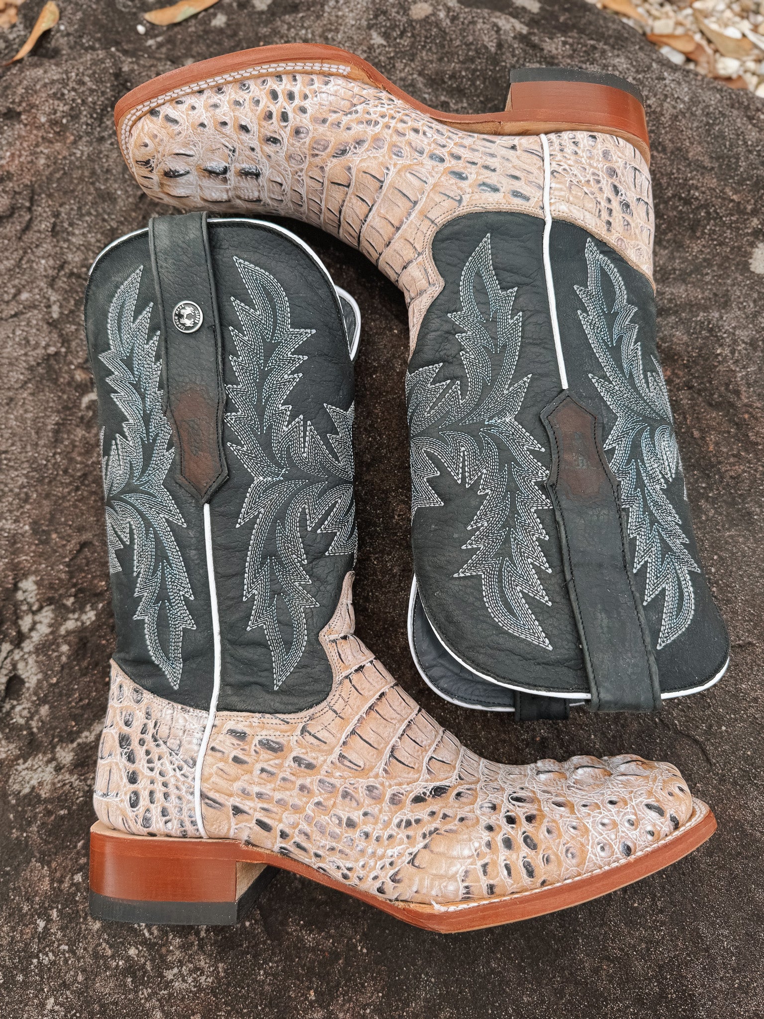 Tanner Mark Men's Caiman Hornback Print Square Toe Boots in Natural