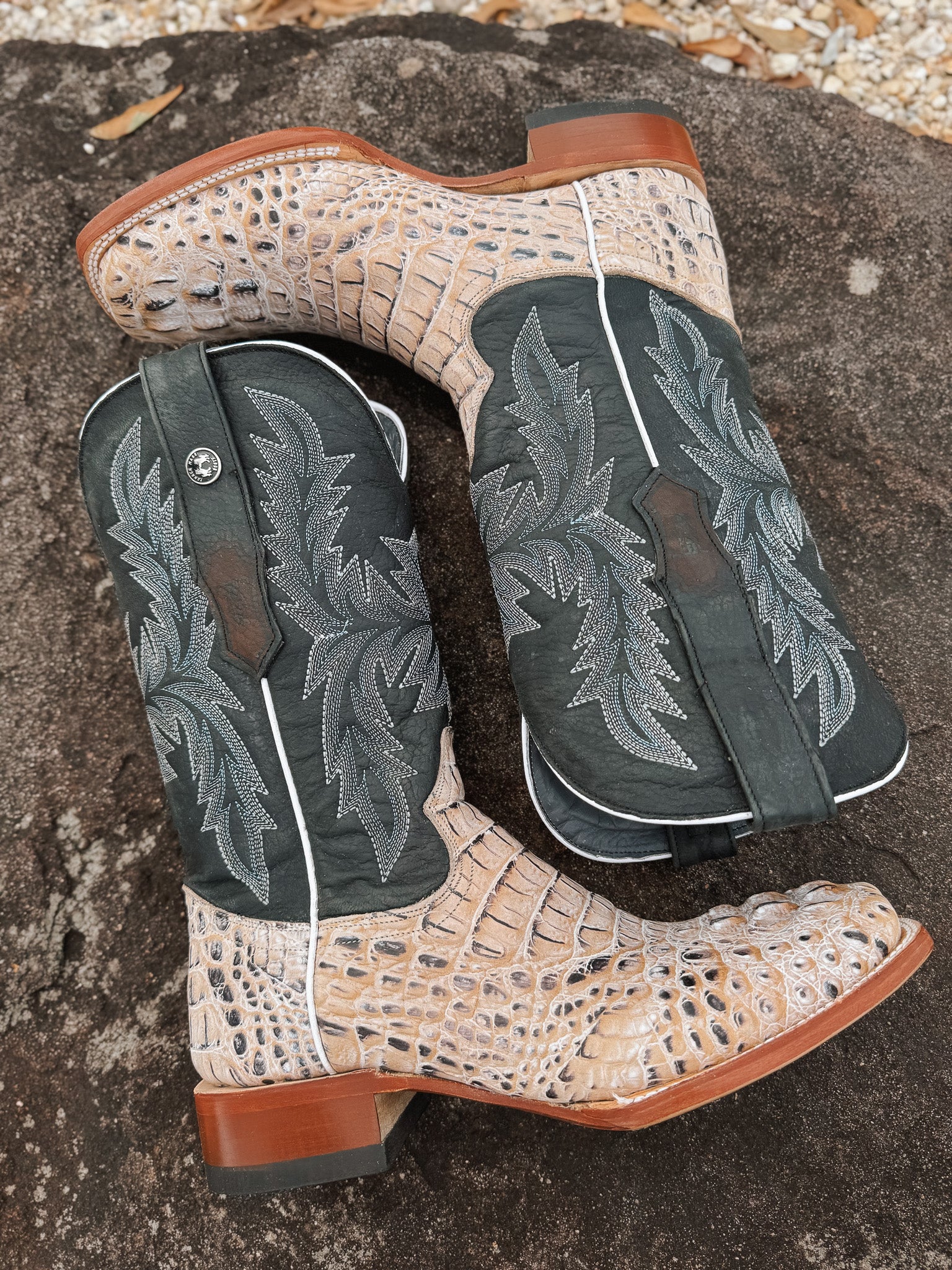 Tanner Mark Men's Caiman Hornback Print Square Toe Boots in Natural