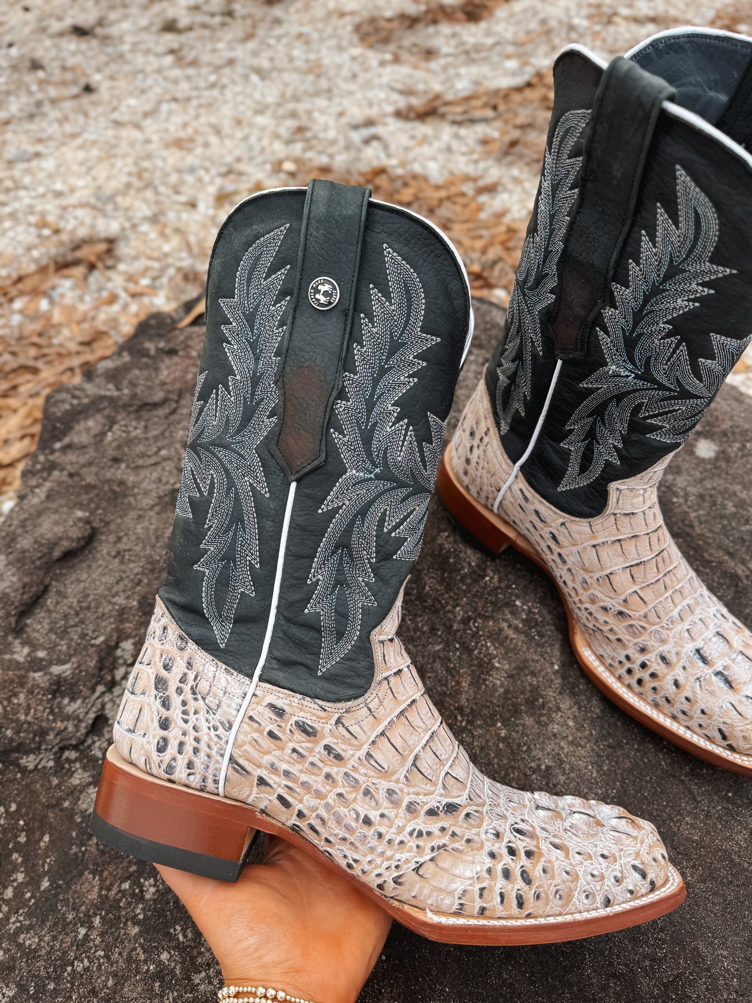 Tanner Mark Men's Caiman Hornback Print Square Toe Boots in Natural