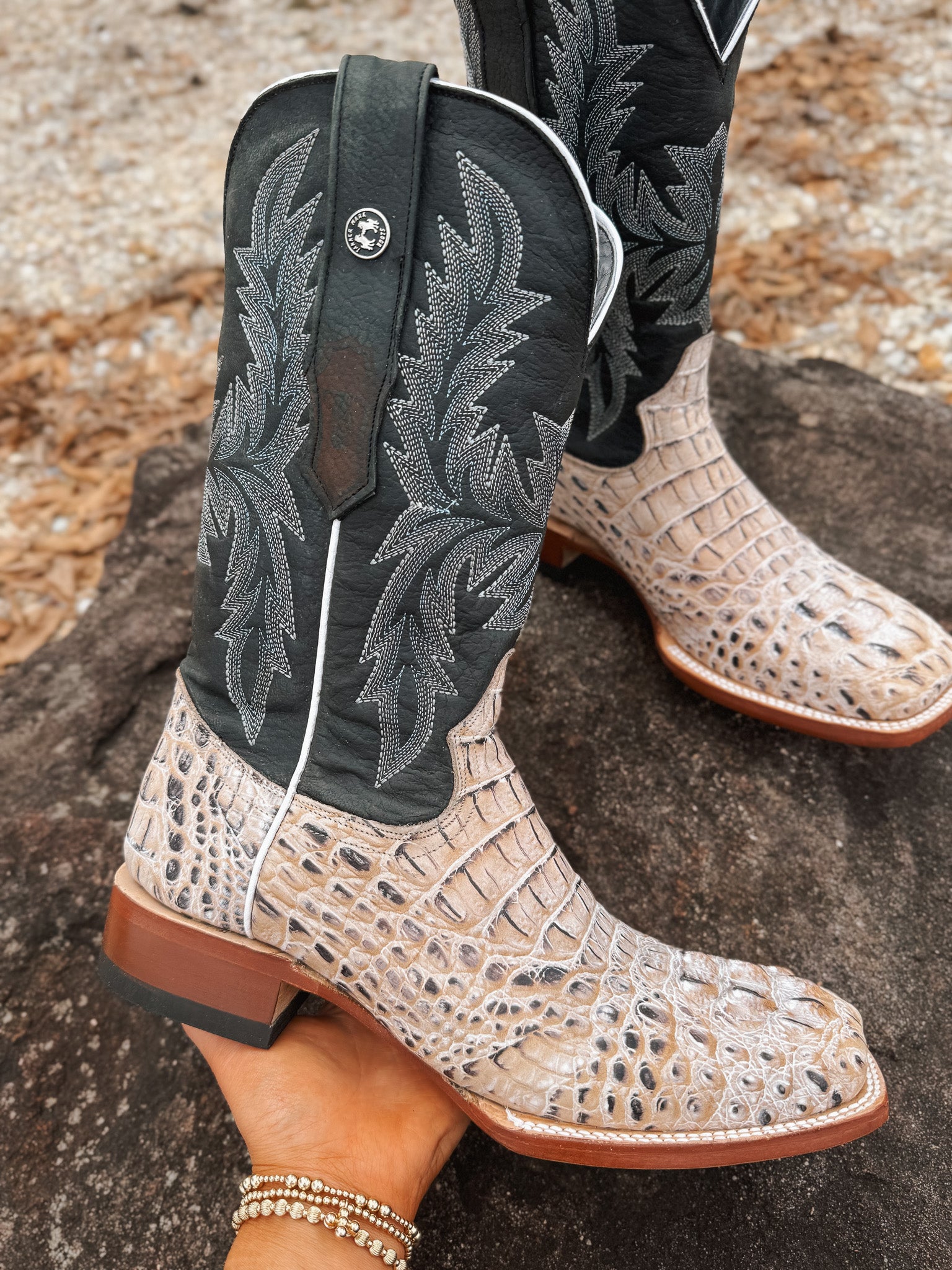 Tanner Mark Men's Caiman Hornback Print Square Toe Boots in Natural