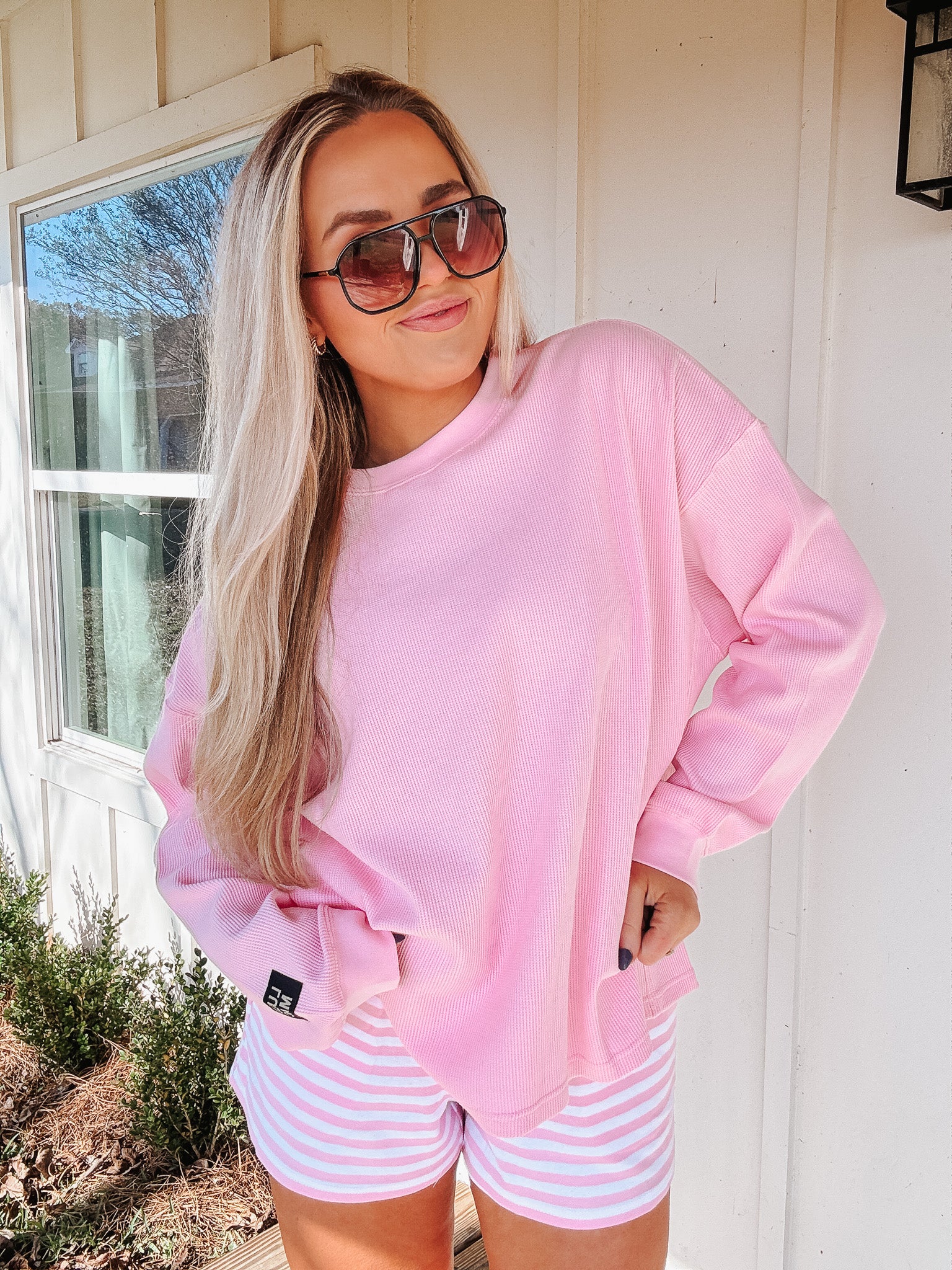 Lulu Mac Long Sleeve Waffle Top in Light Pink