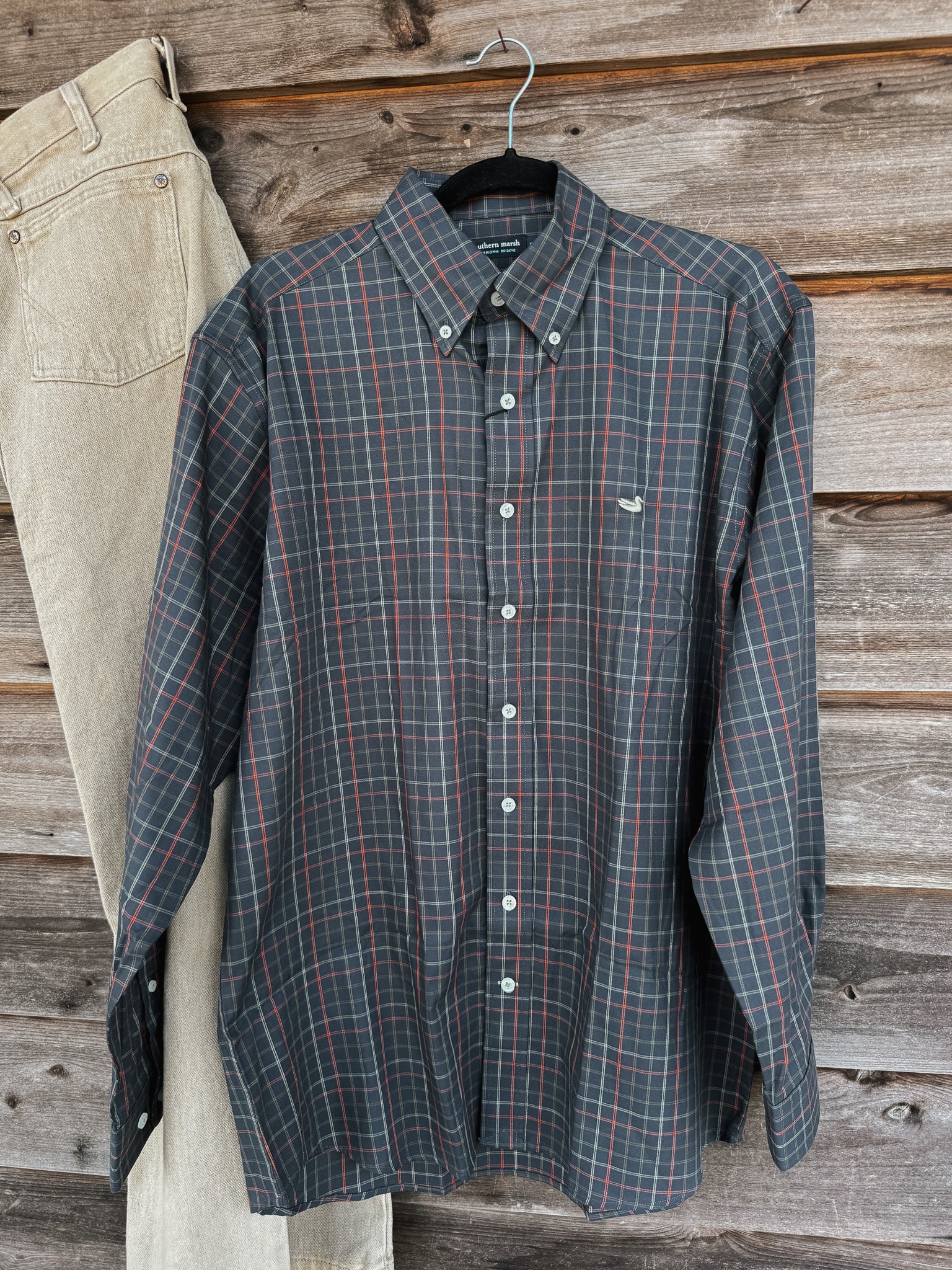 Men's Southern Marsh Chateau Windowpane Dress Shirt in Navy/Dark Olive