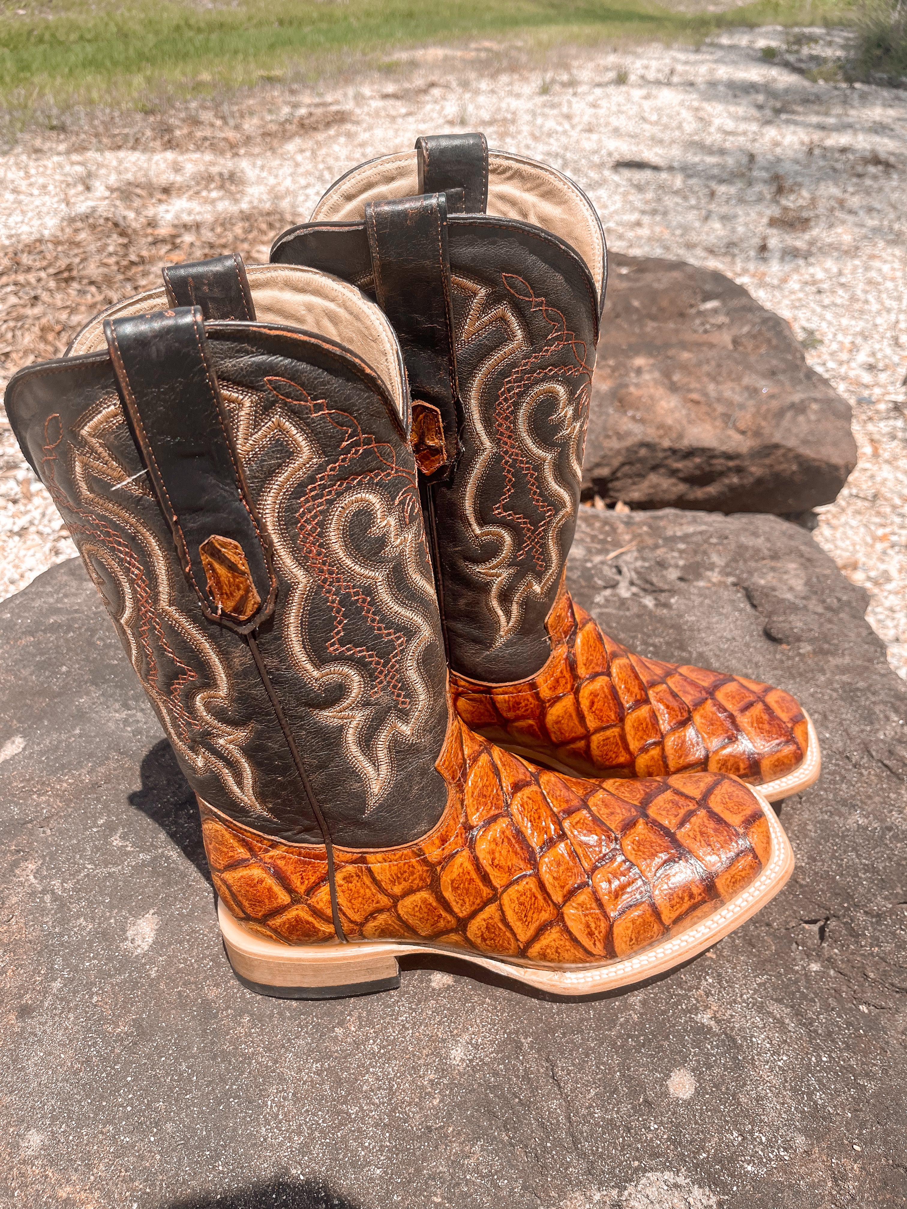 Bota con estampado de peces Cowtown Cognac para hombre