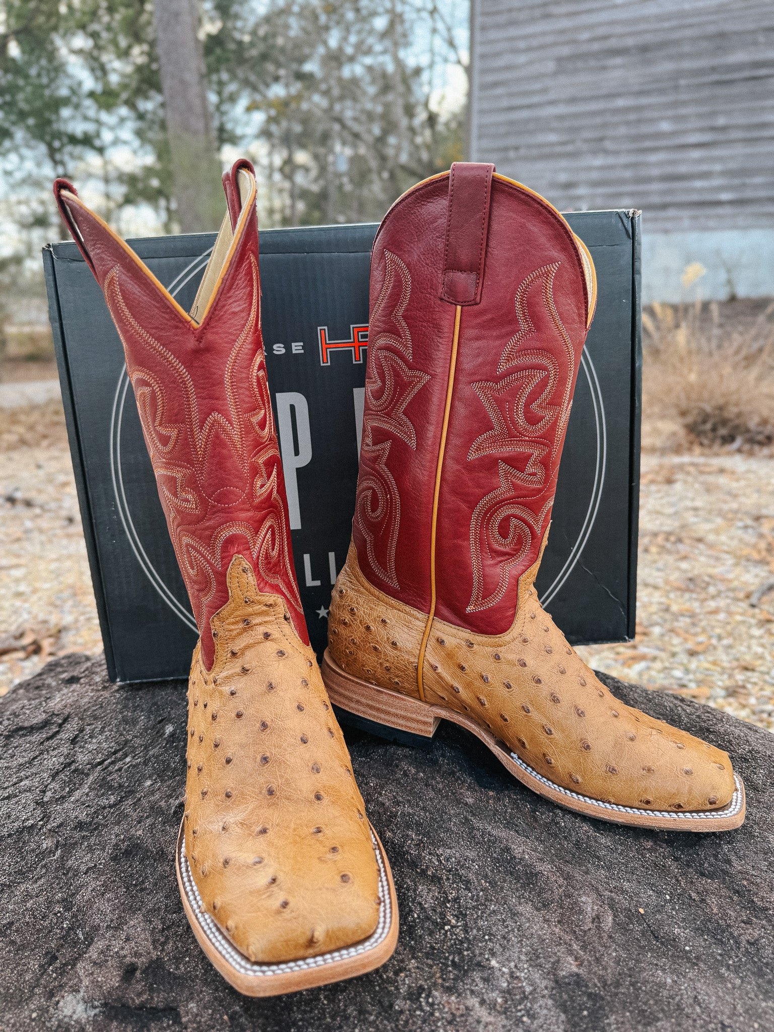 Men's Horse Power Red Station Antique Saddle Full Quill Ostrich Boots
