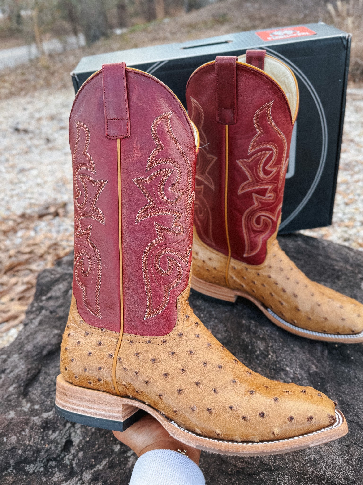 Men's Horse Power Red Station Antique Saddle Full Quill Ostrich Boots