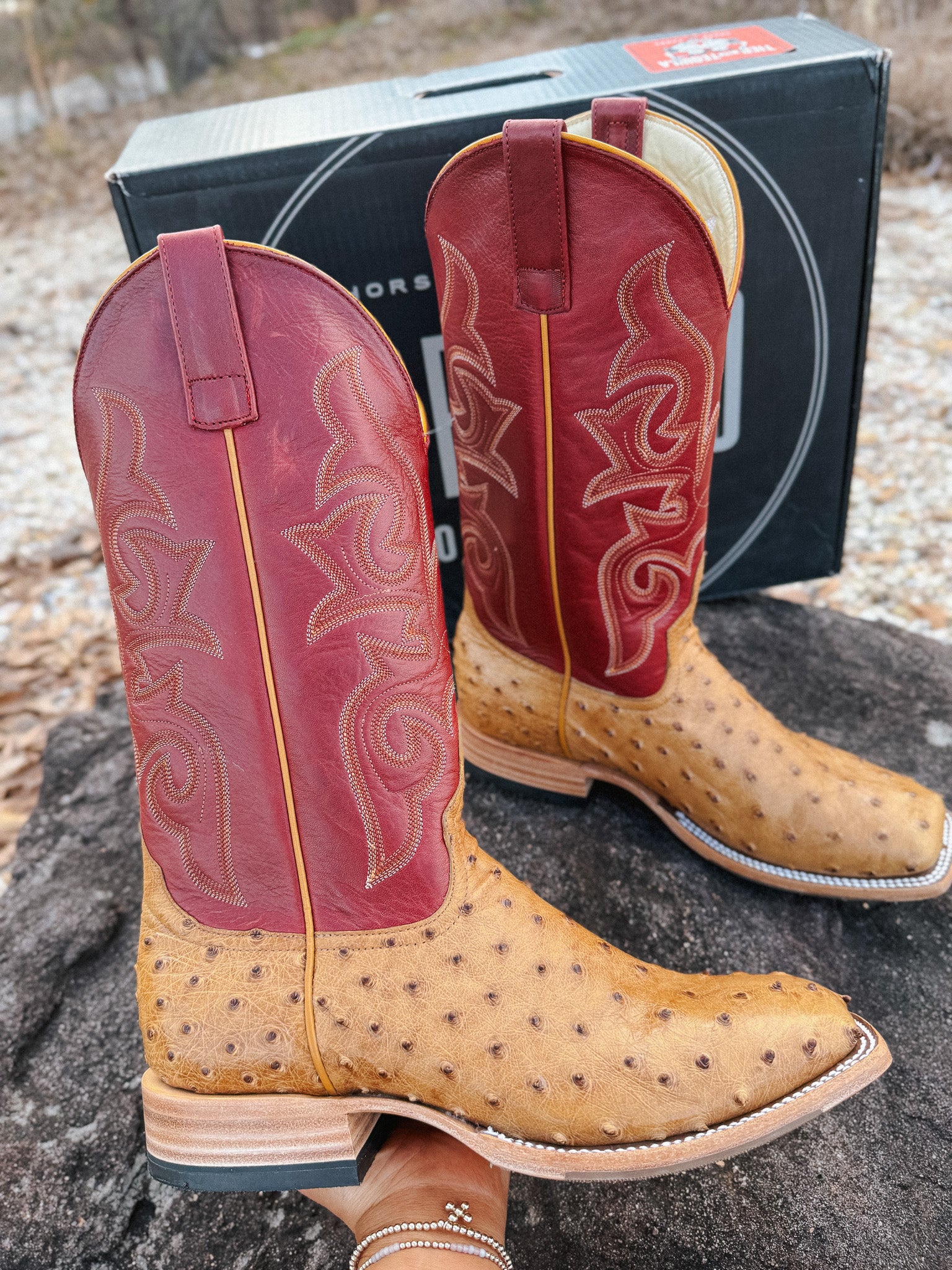 Men's Horse Power Red Station Antique Saddle Full Quill Ostrich Boots