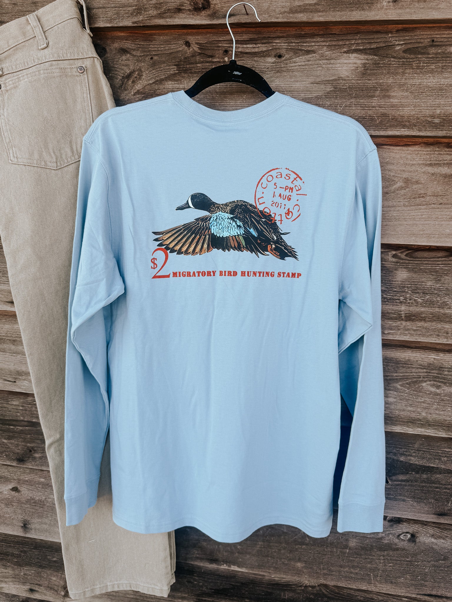 Coastal Cotton Duck Stamp Long Sleeve T-Shirt in Blue Fog