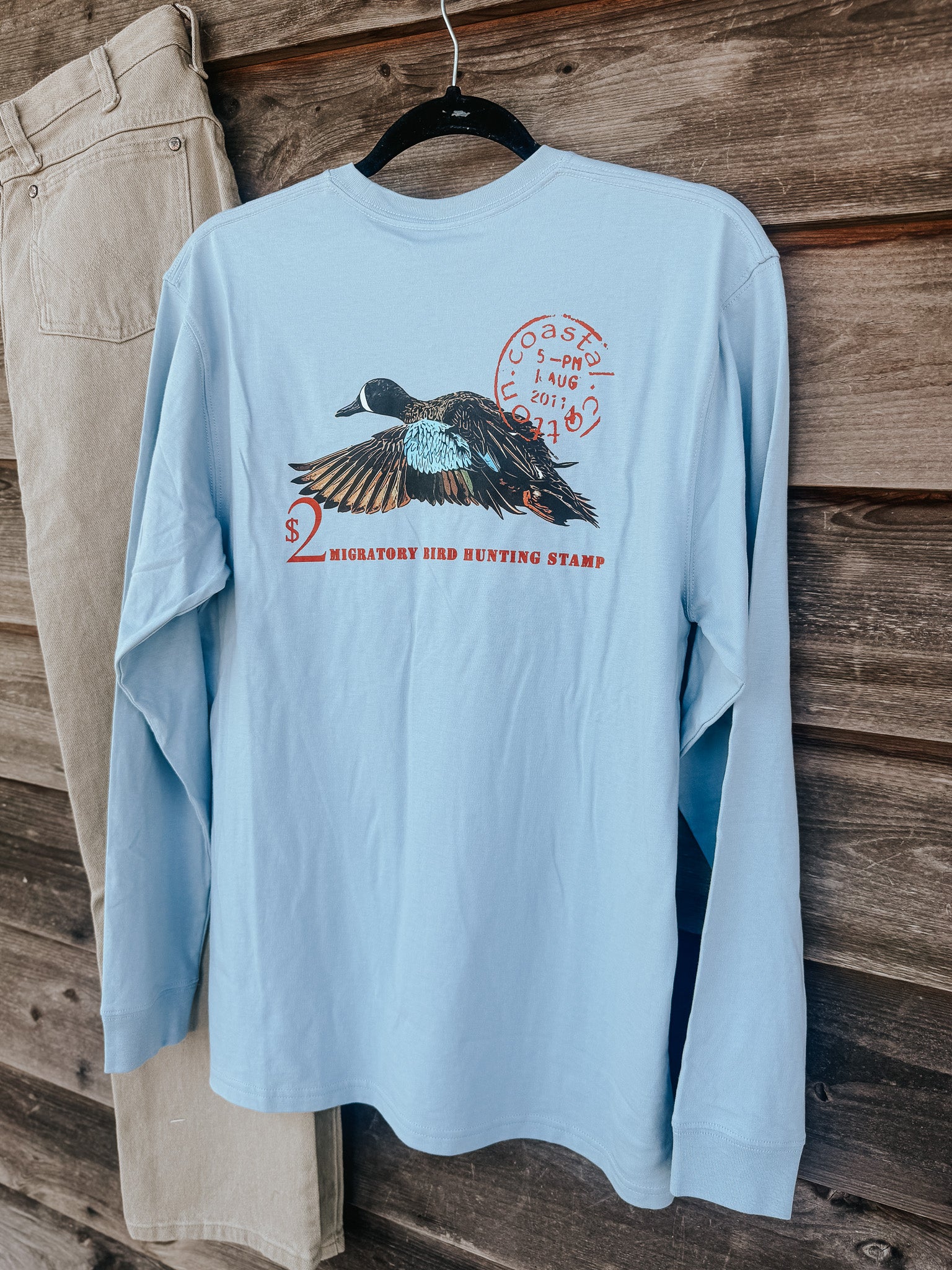 Coastal Cotton Duck Stamp Long Sleeve T-Shirt in Blue Fog