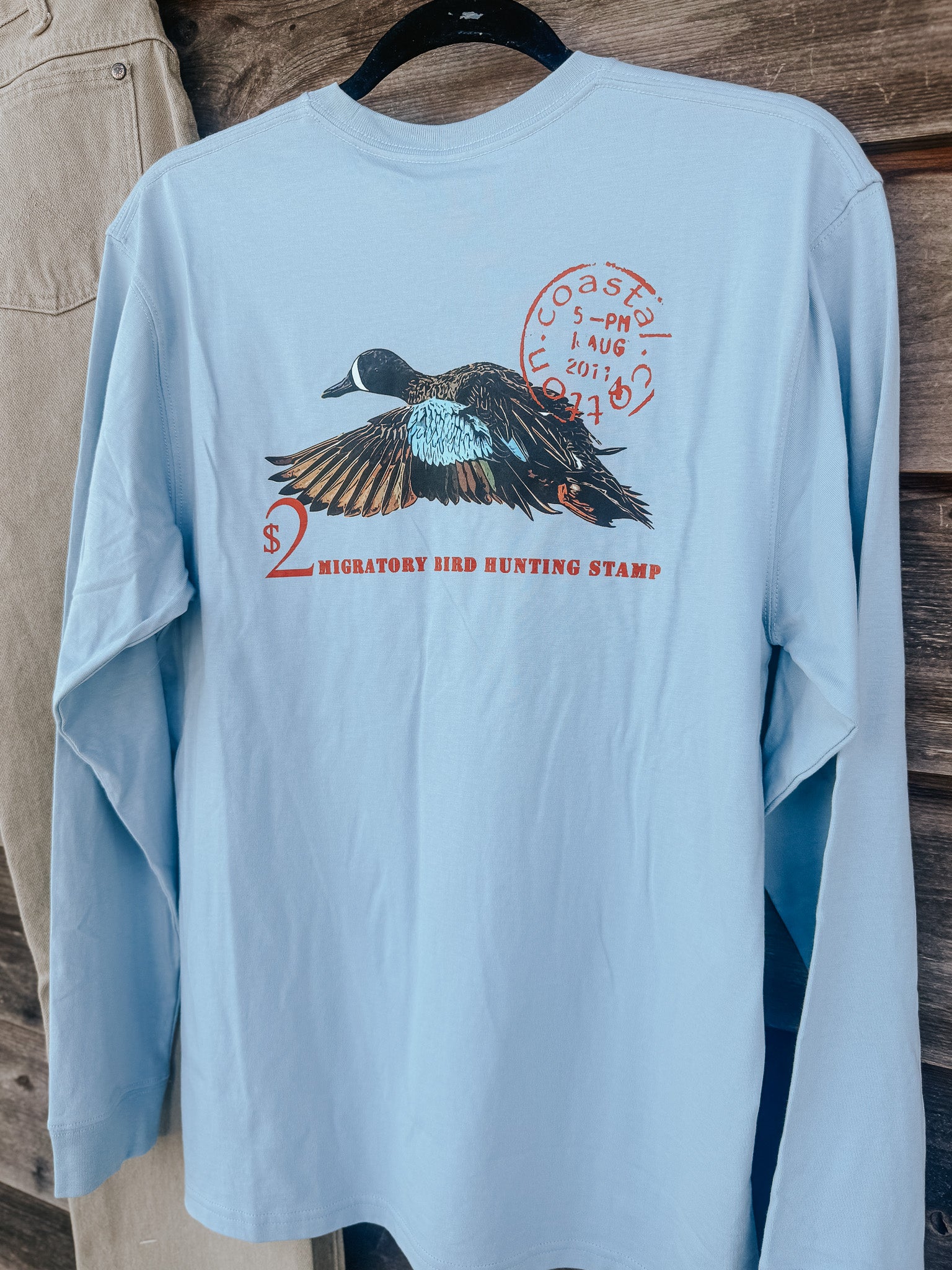 Coastal Cotton Duck Stamp Long Sleeve T-Shirt in Blue Fog